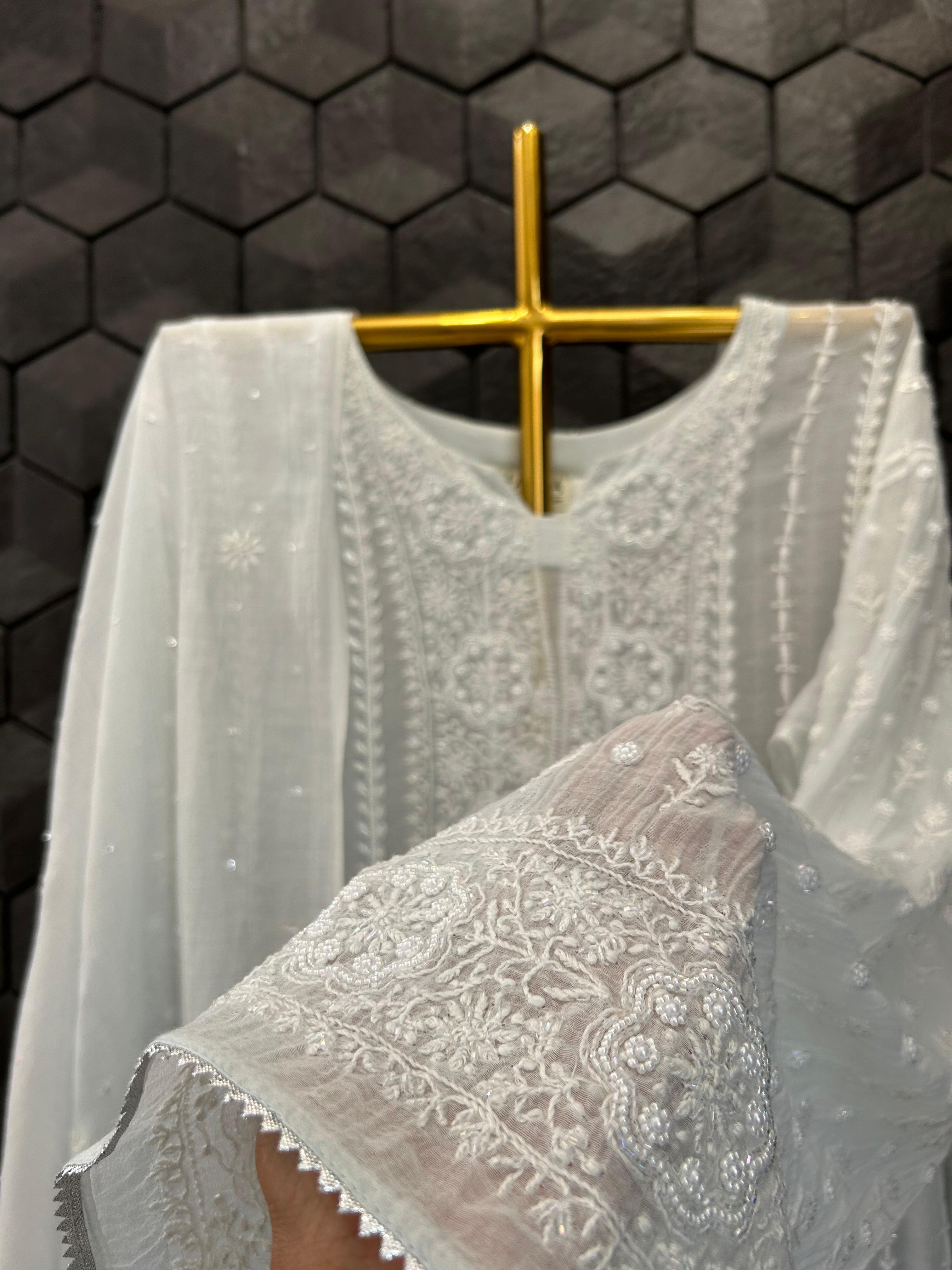 Sky Blue Mul Chanderi Chikankari Anarkali Set