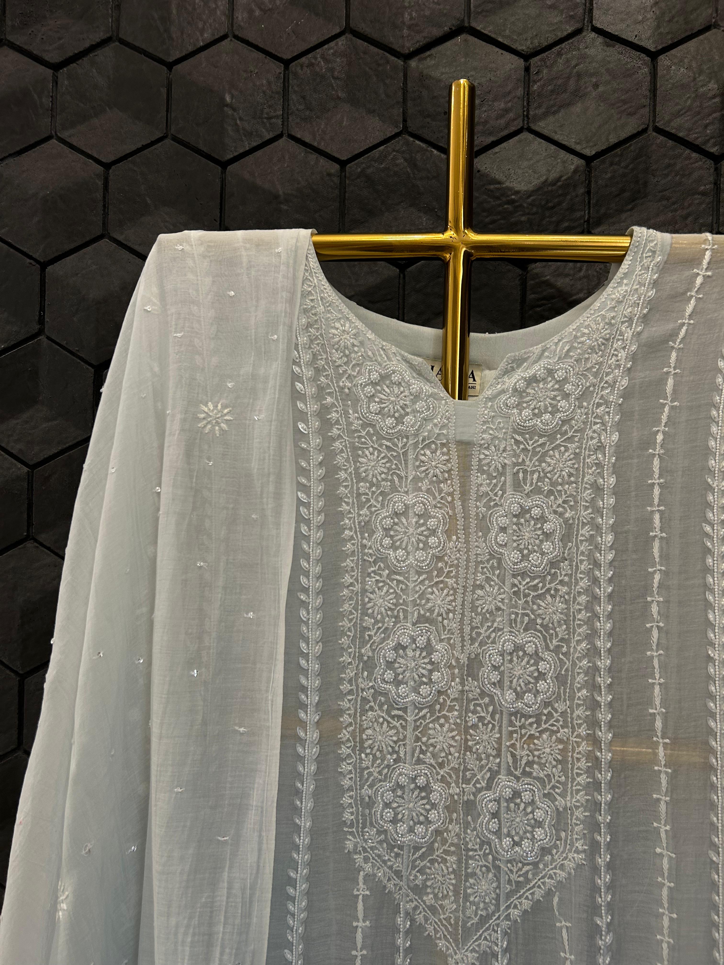 Sky Blue Mul Chanderi Chikankari Anarkali Set