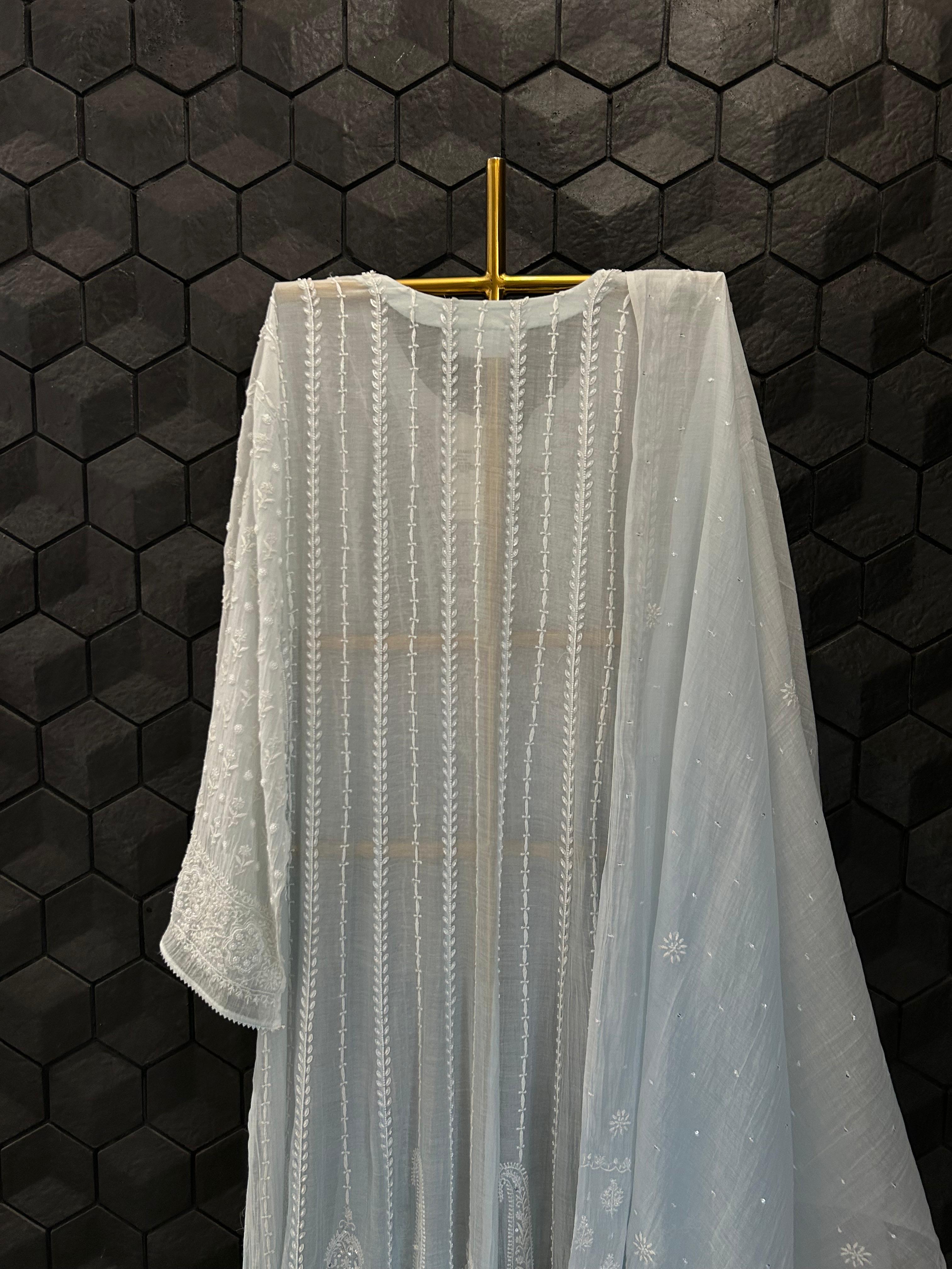 Sky Blue Mul Chanderi Chikankari Anarkali Set