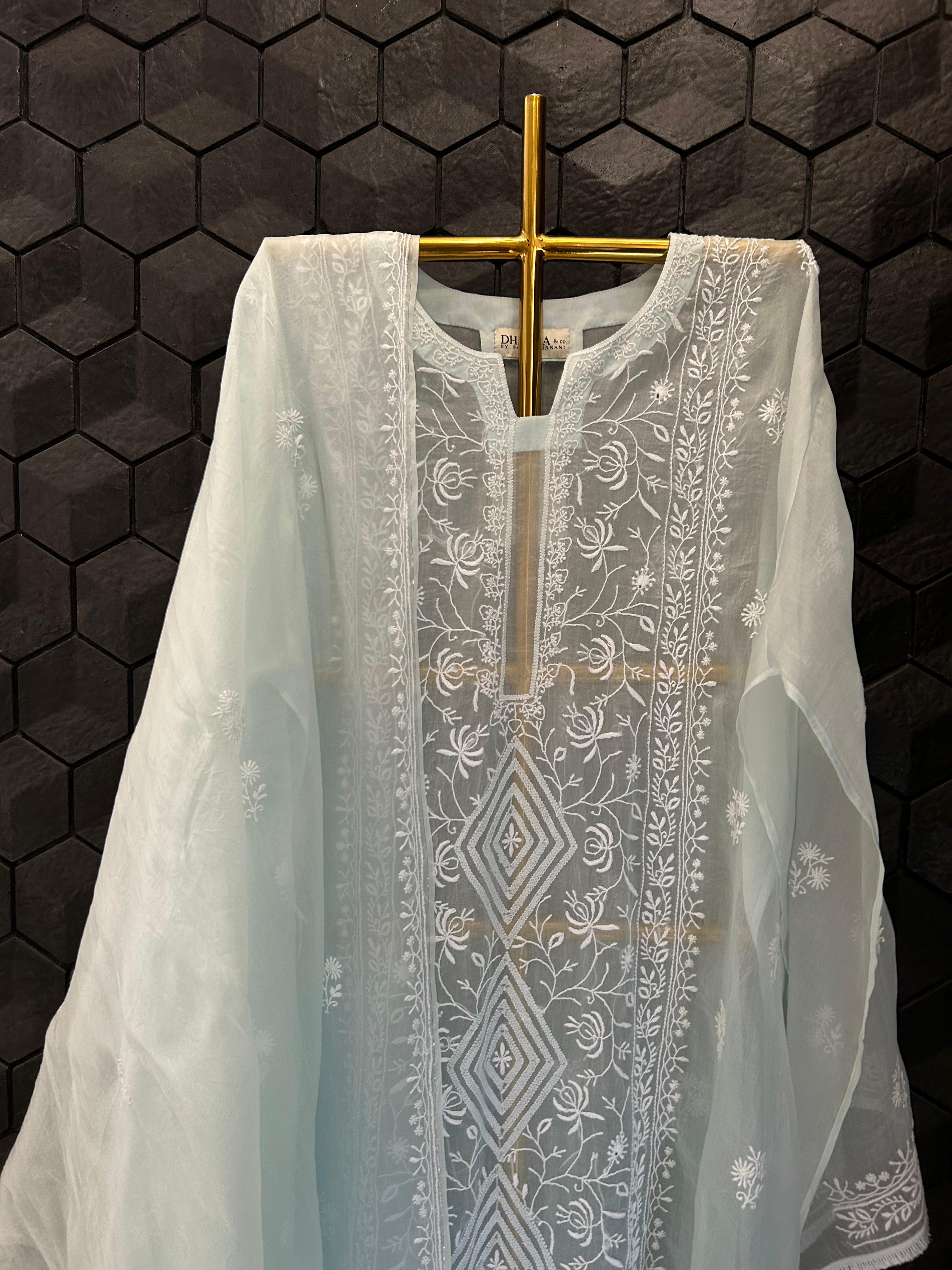 Blue Organza Chikankari kurta Set