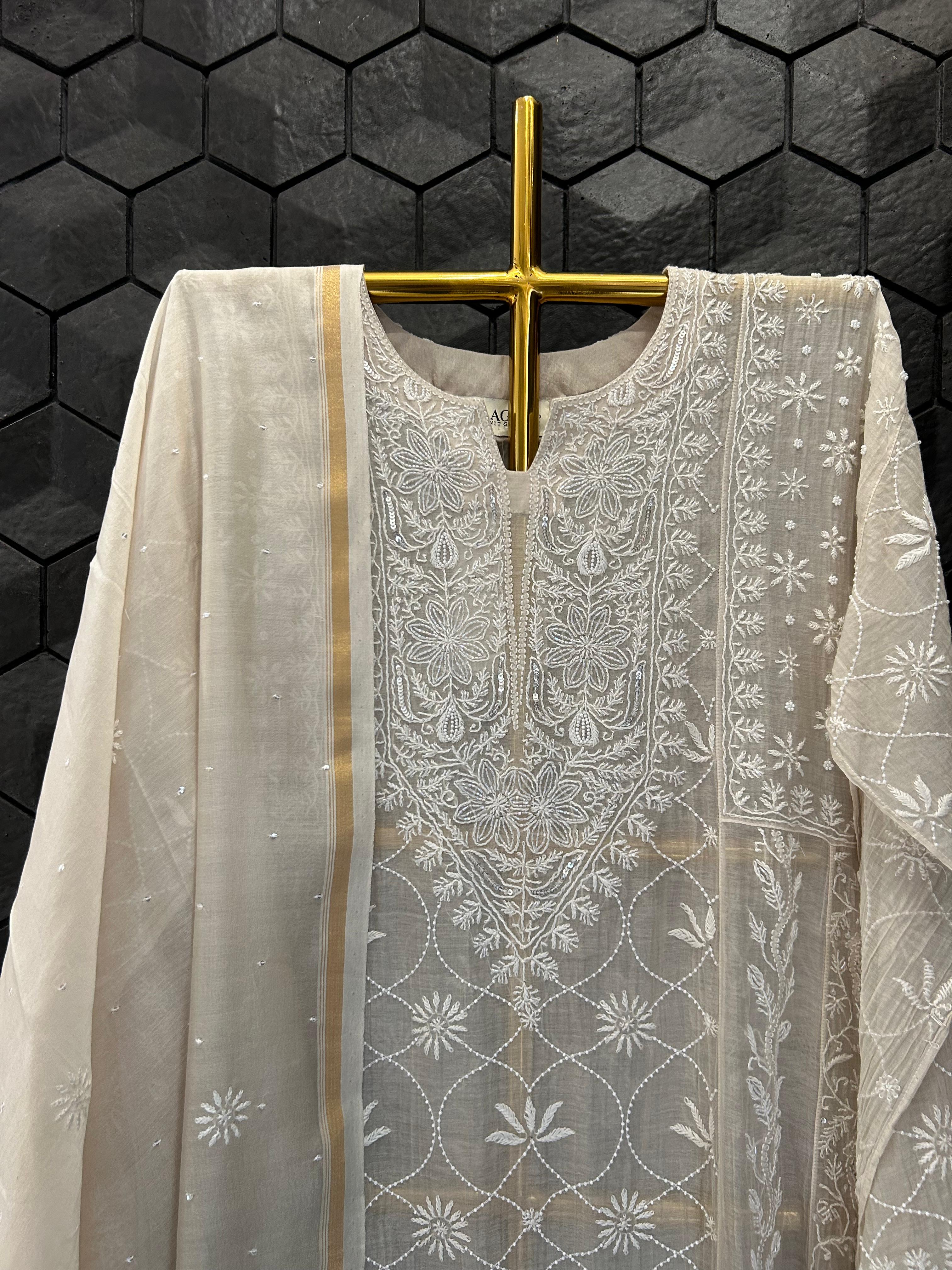 Brown Mul Chanderi Chikankari Anarkali Set