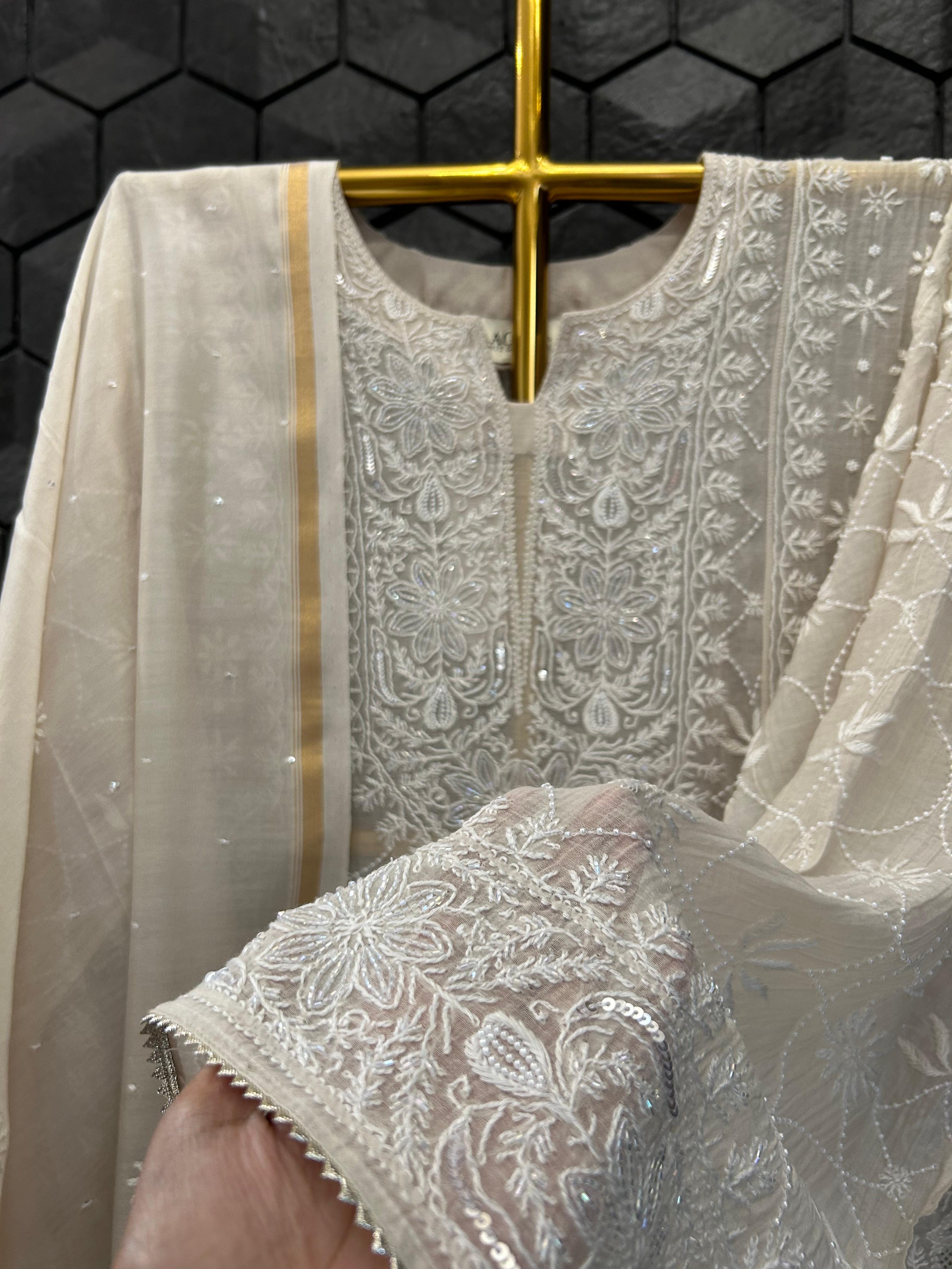 Brown Mul Chanderi Chikankari Anarkali Set