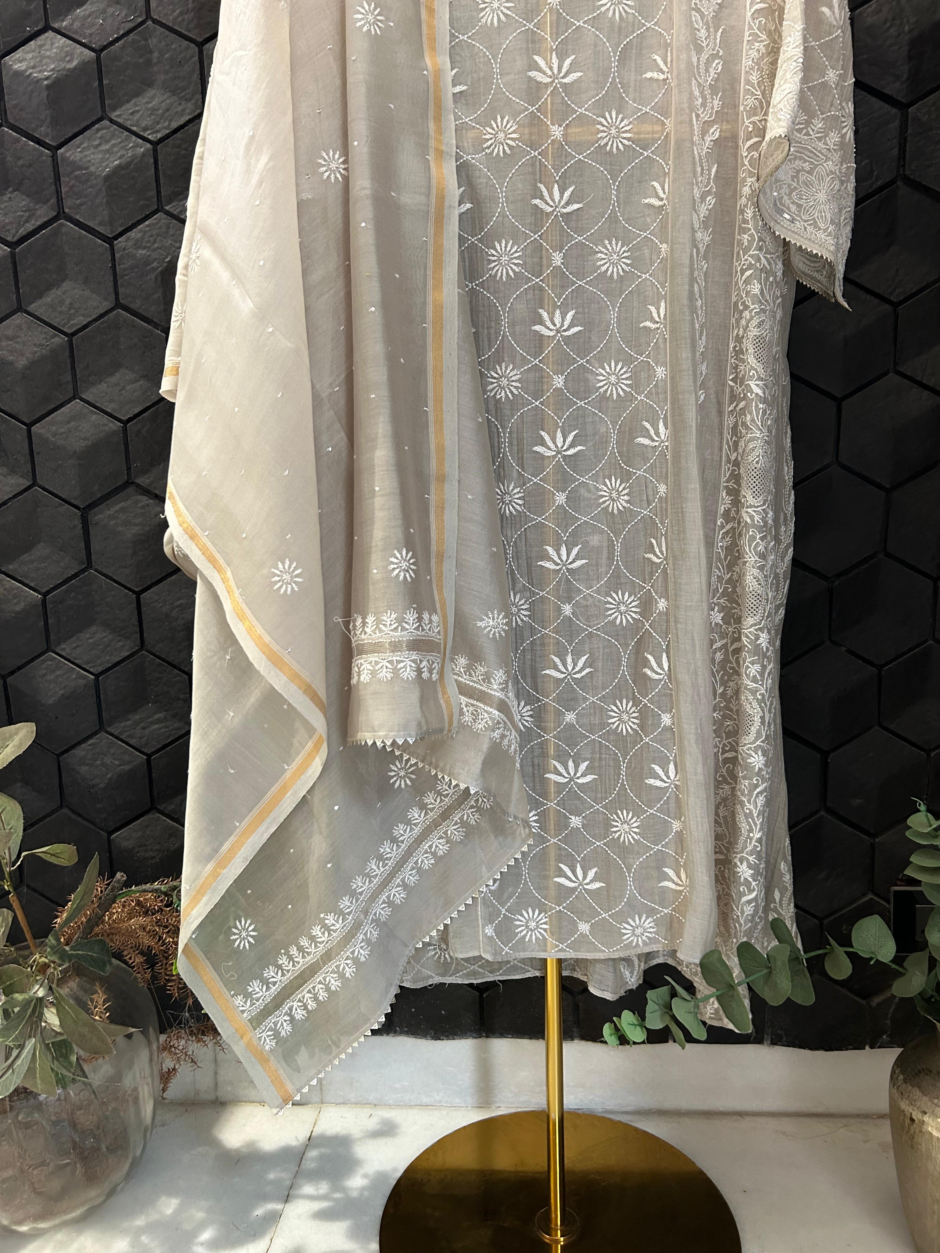 Brown Mul Chanderi Chikankari Anarkali Set