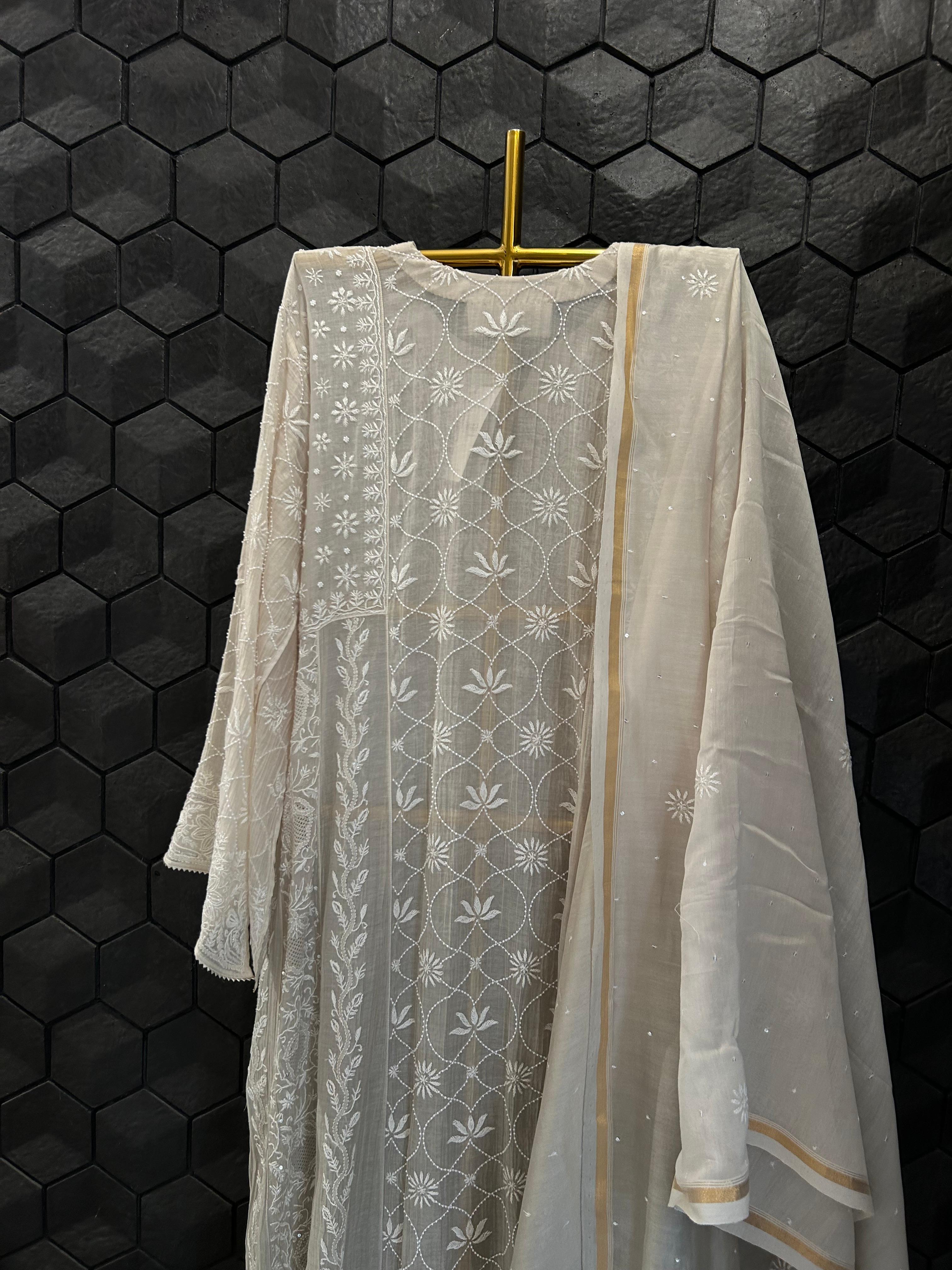 Brown Mul Chanderi Chikankari Anarkali Set