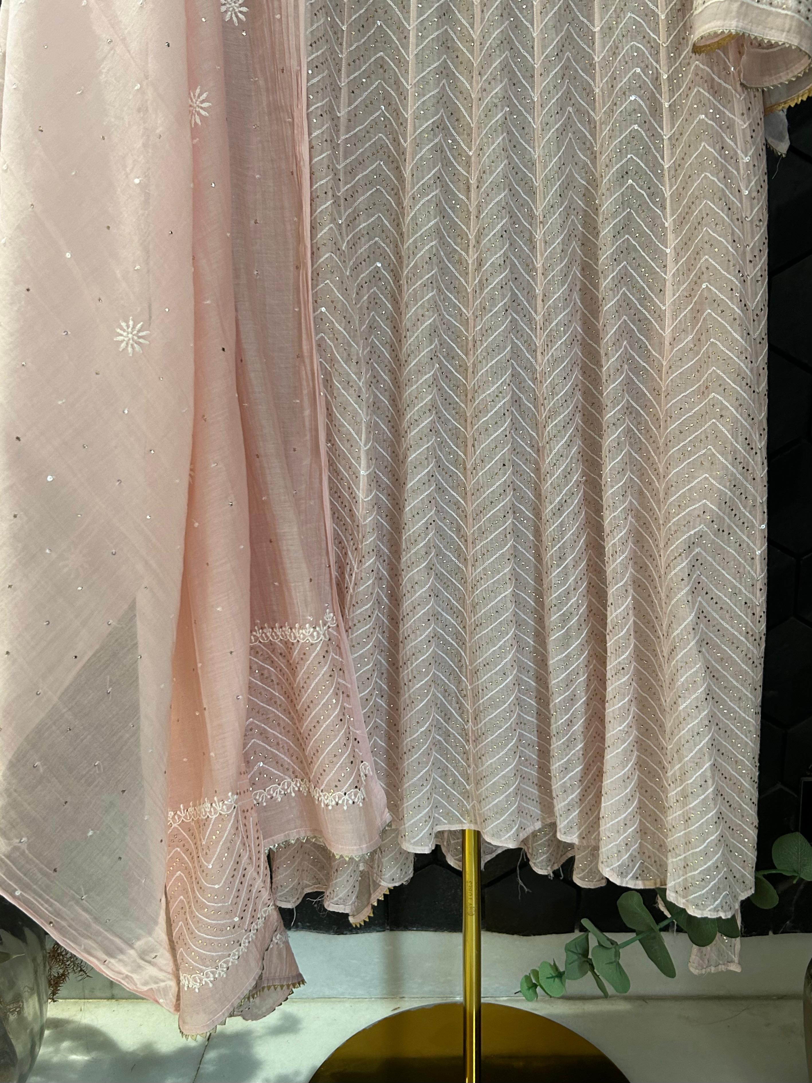 Pink Mul Chanderi Chikankari Mukaish Anarkali Set