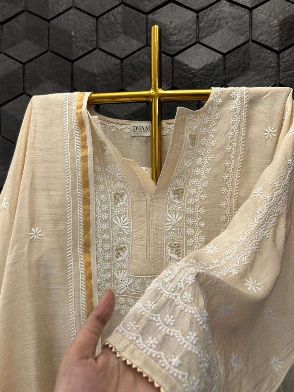 Beige Munga Silk Chikankari Kurta Set