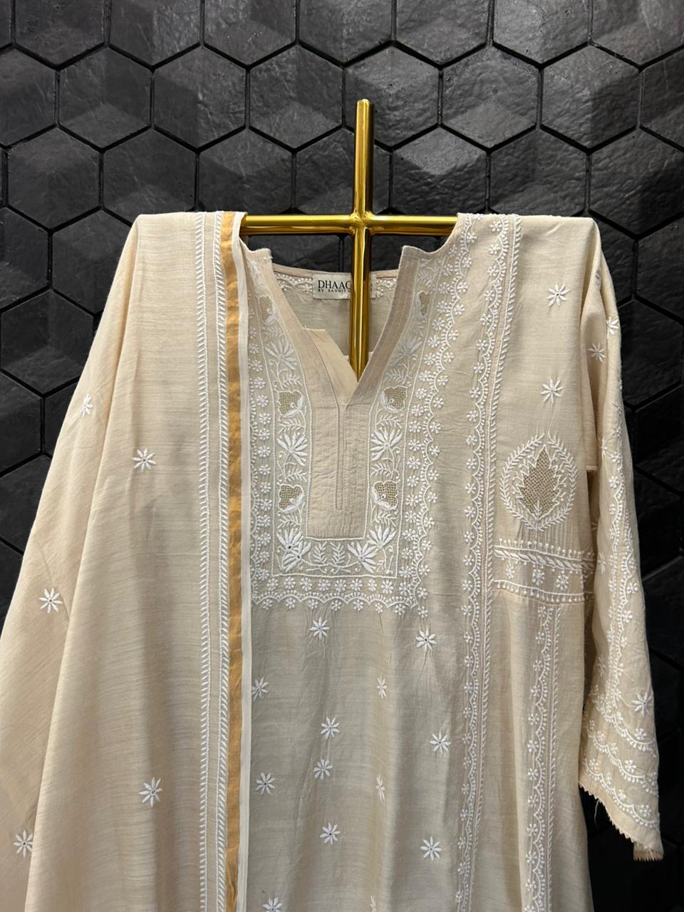 Beige Munga Silk Chikankari Kurta Set