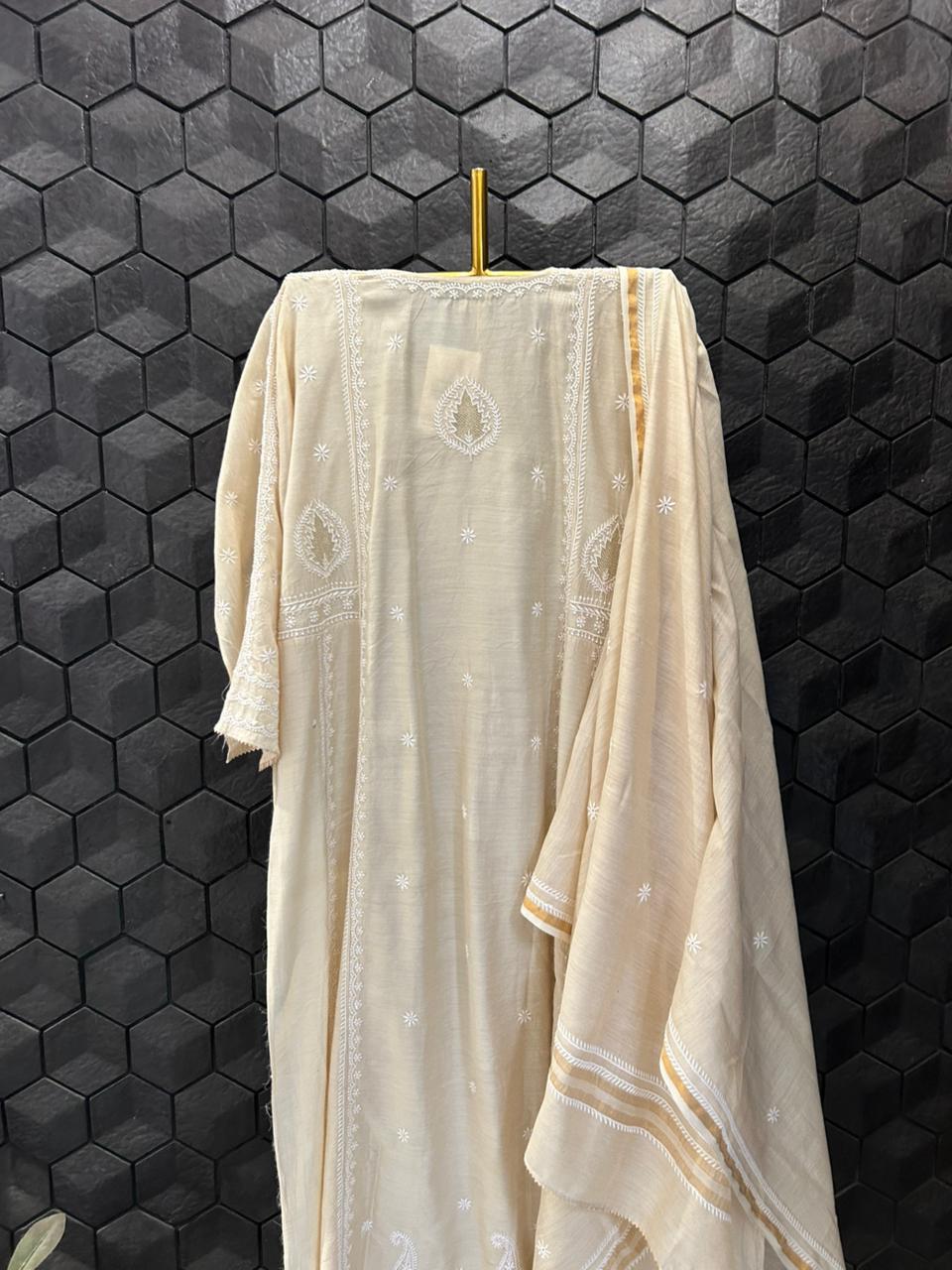 Beige Munga Silk Chikankari Kurta Set