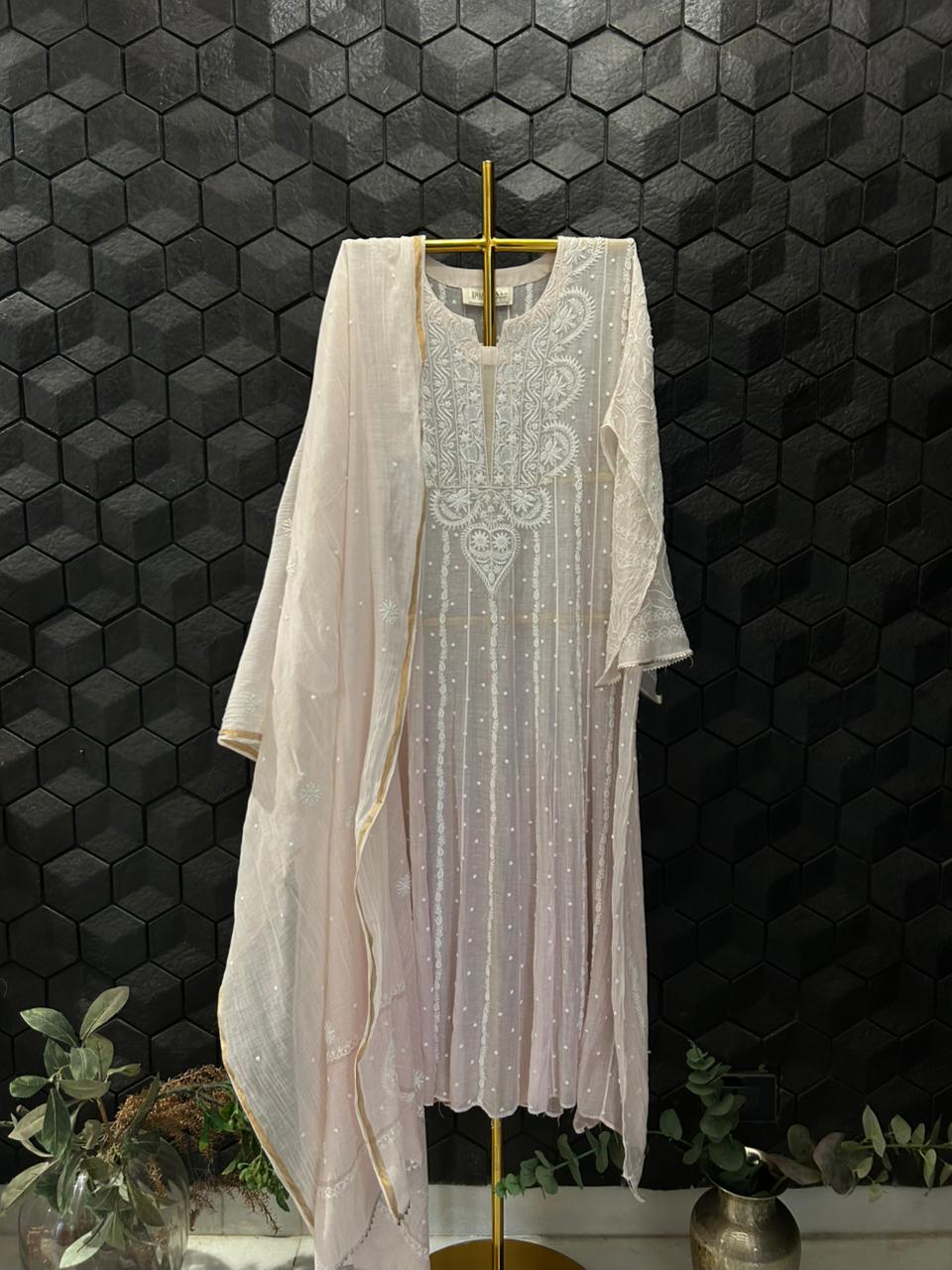 Pink Mul Chanderi Chikankari Anarkali Set