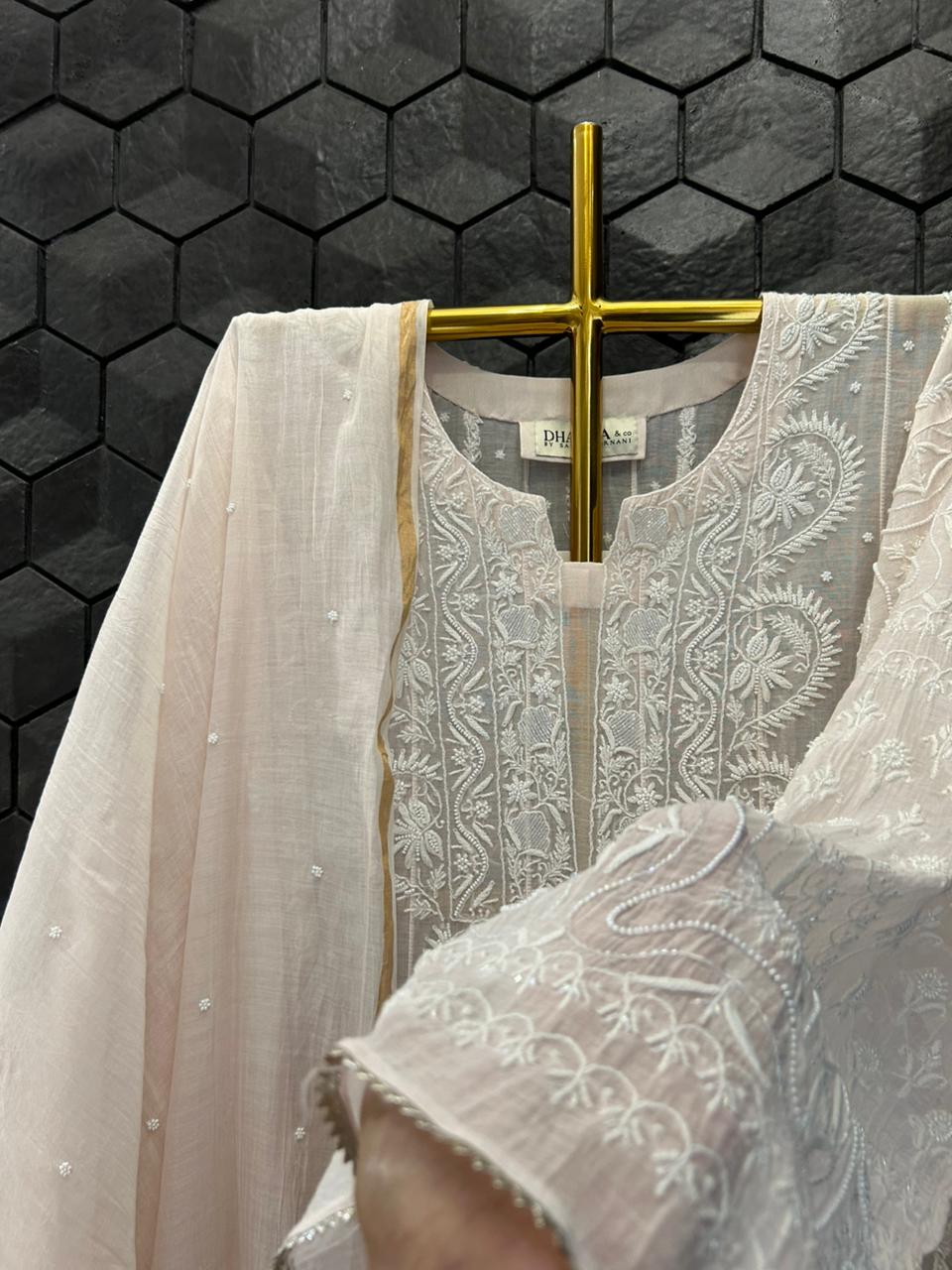 Pink Mul Chanderi Chikankari Anarkali Set