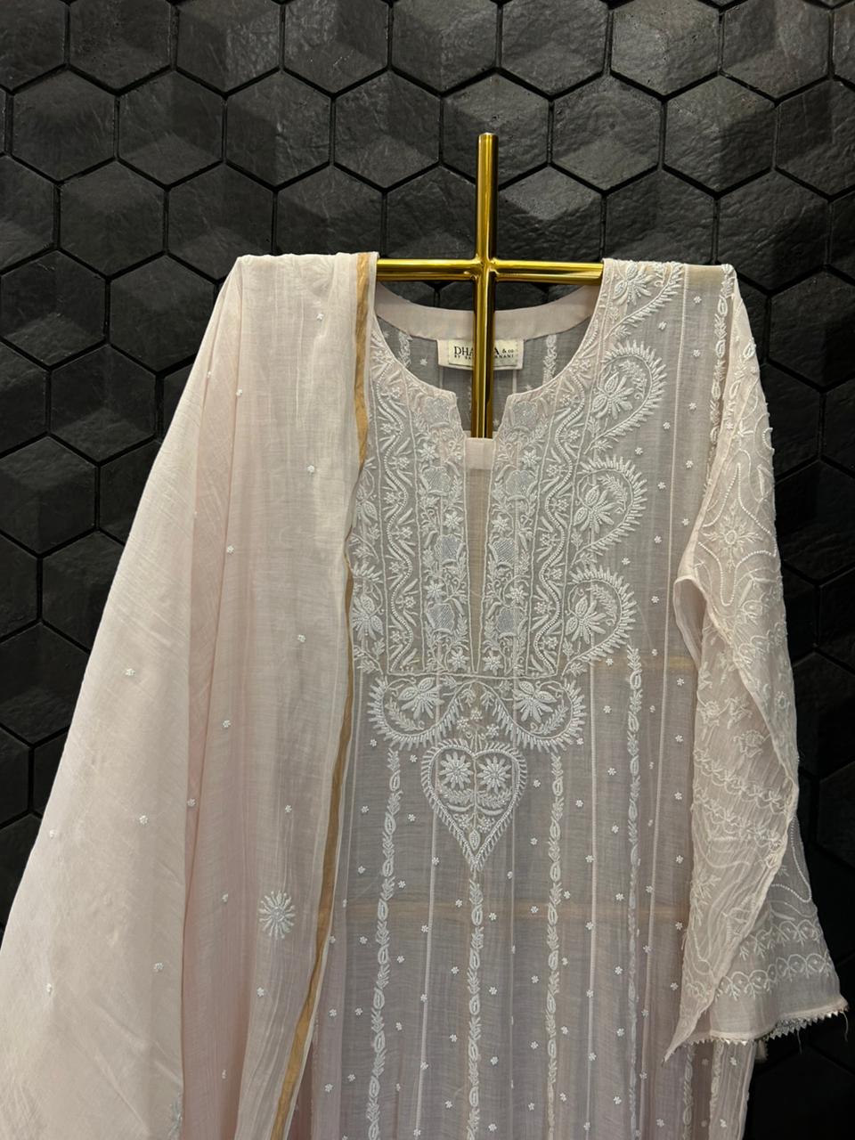 Pink Mul Chanderi Chikankari Anarkali Set