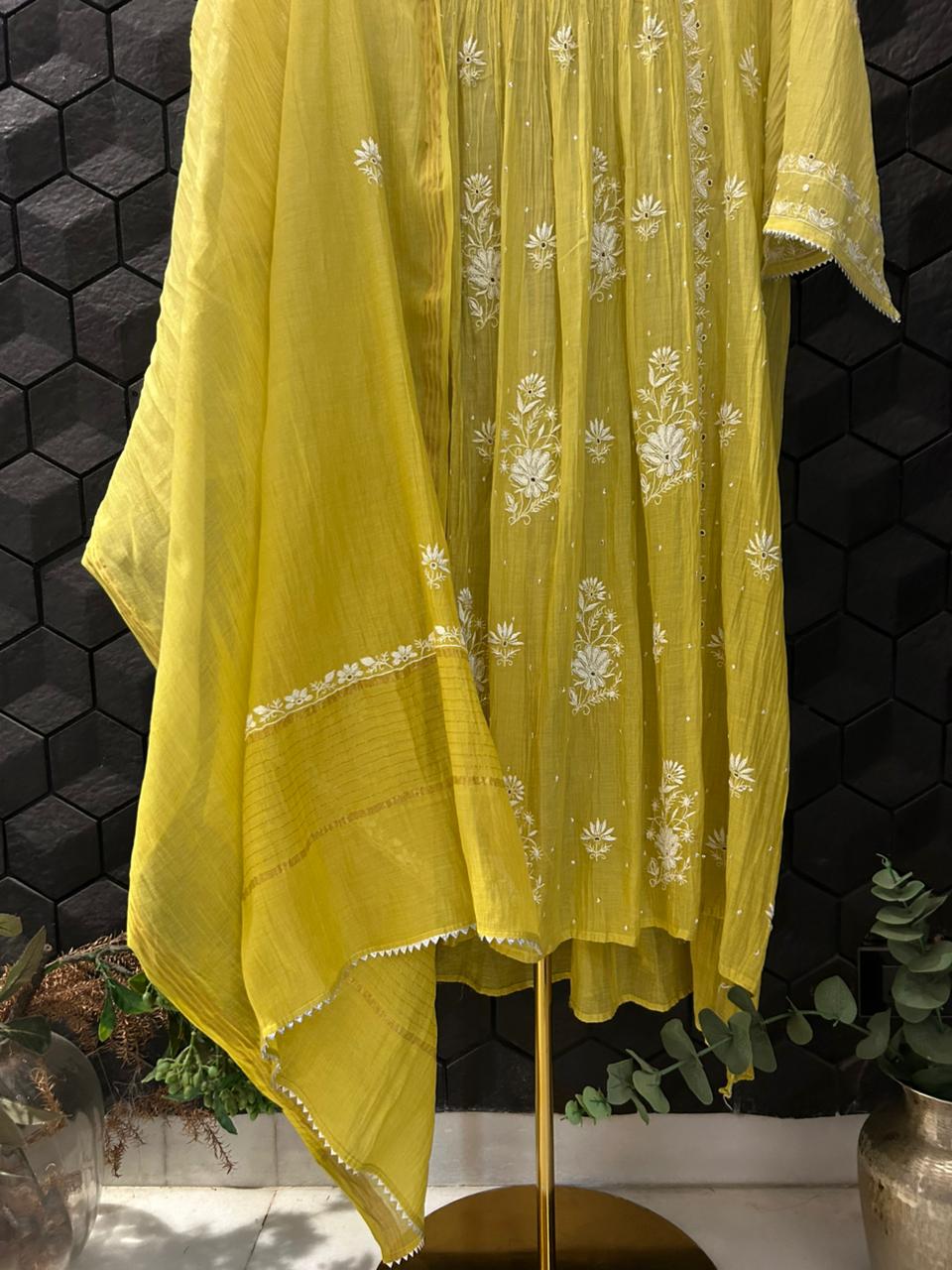 Green Mul Chanderi Chikankari Kurta Set