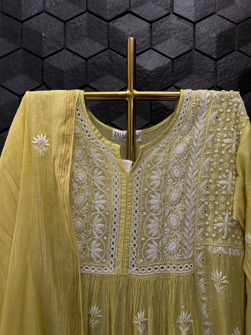 Green Mul Chanderi Chikankari Kurta Set