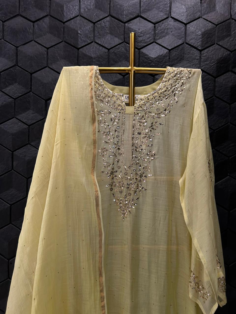 Yellow Mul Chanderi Mukaish kurta Set