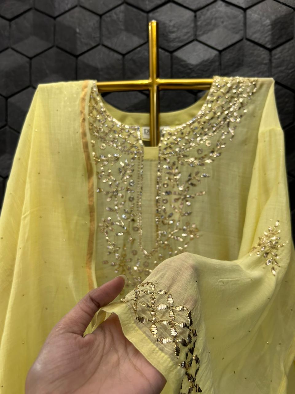 Yellow Mul Chanderi Mukaish kurta Set