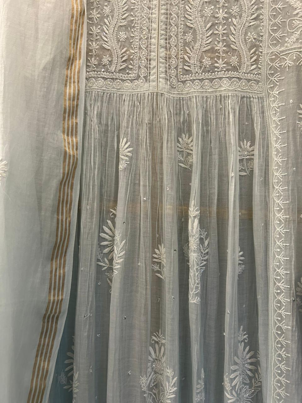 Blue Mul Chanderi Chikankari Kurta Set