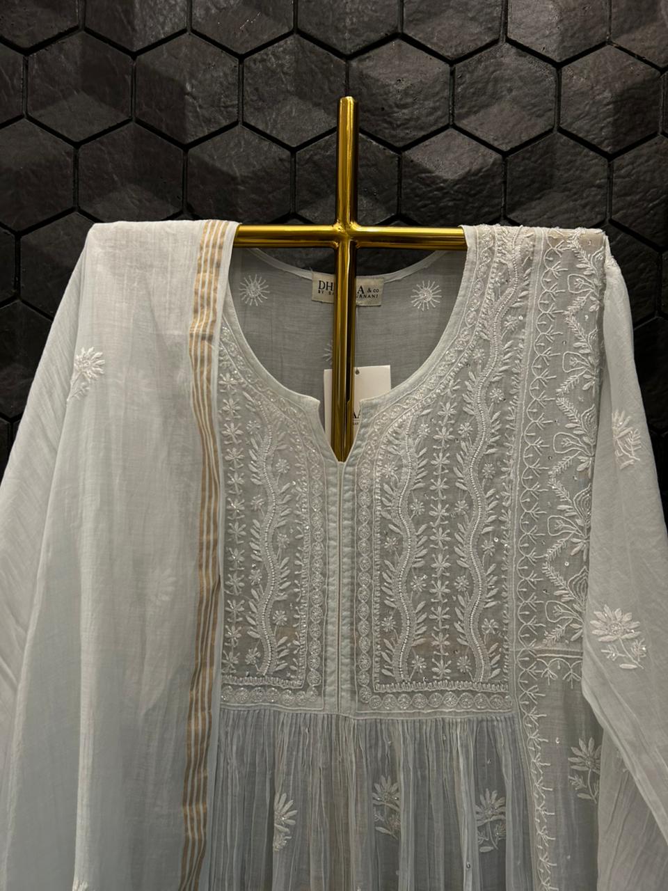 Blue Mul Chanderi Chikankari Kurta Set