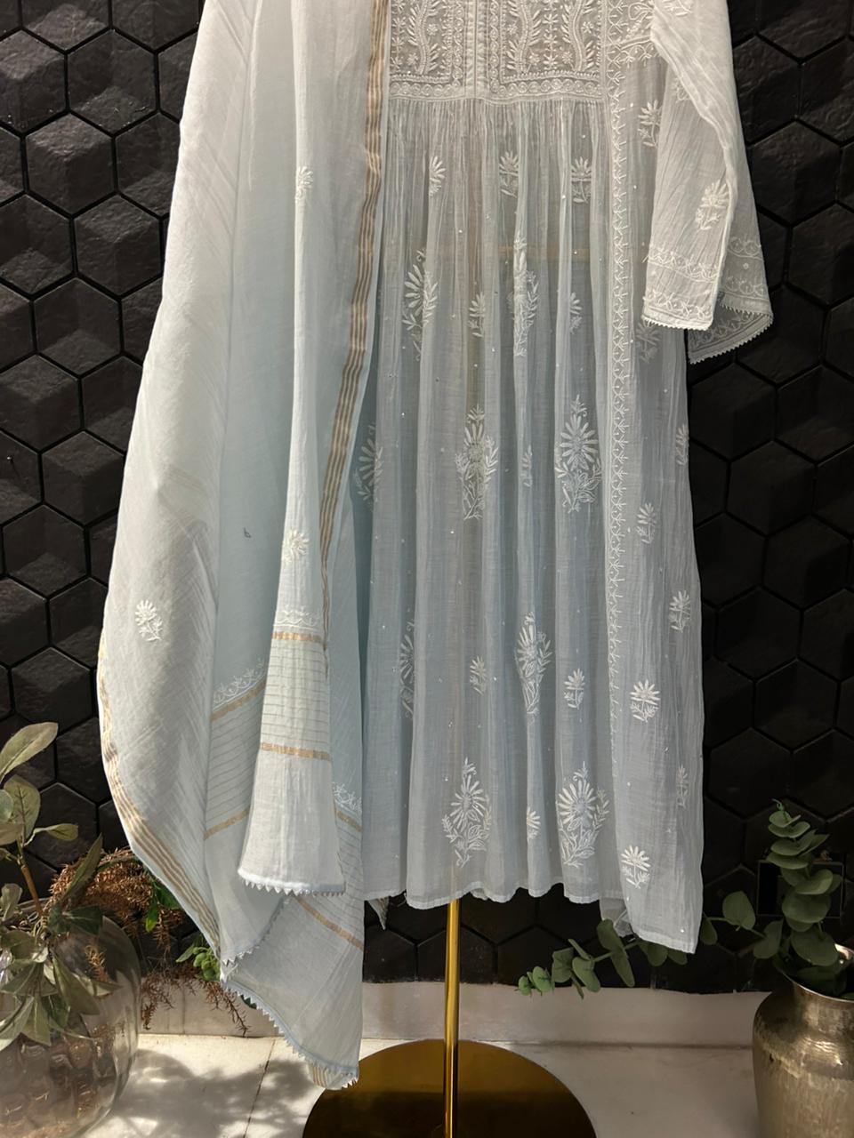 Blue Mul Chanderi Chikankari Kurta Set