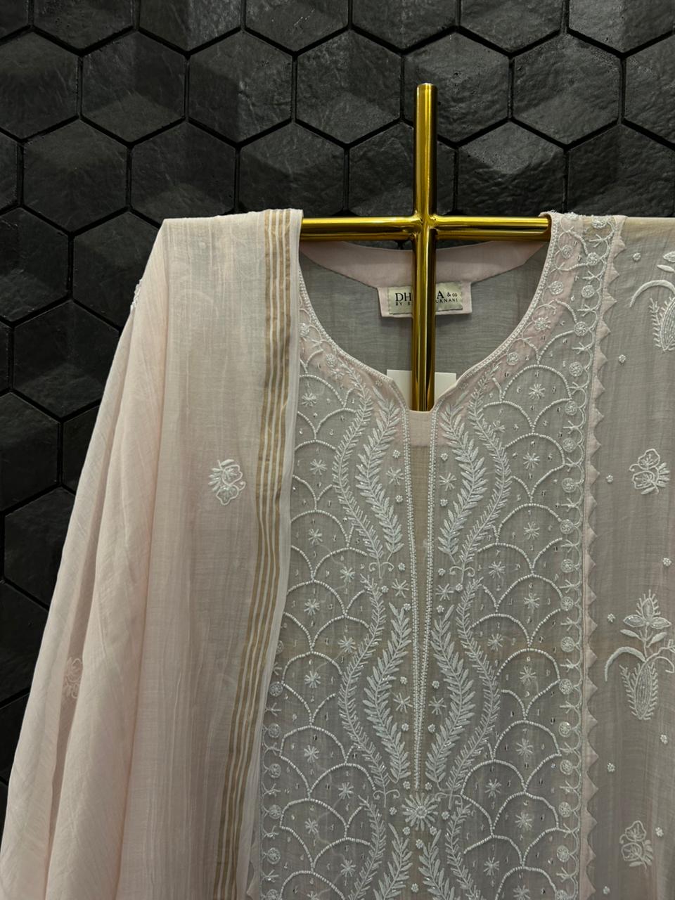 Pink Mul Chanderi Chikankari Kurta Set