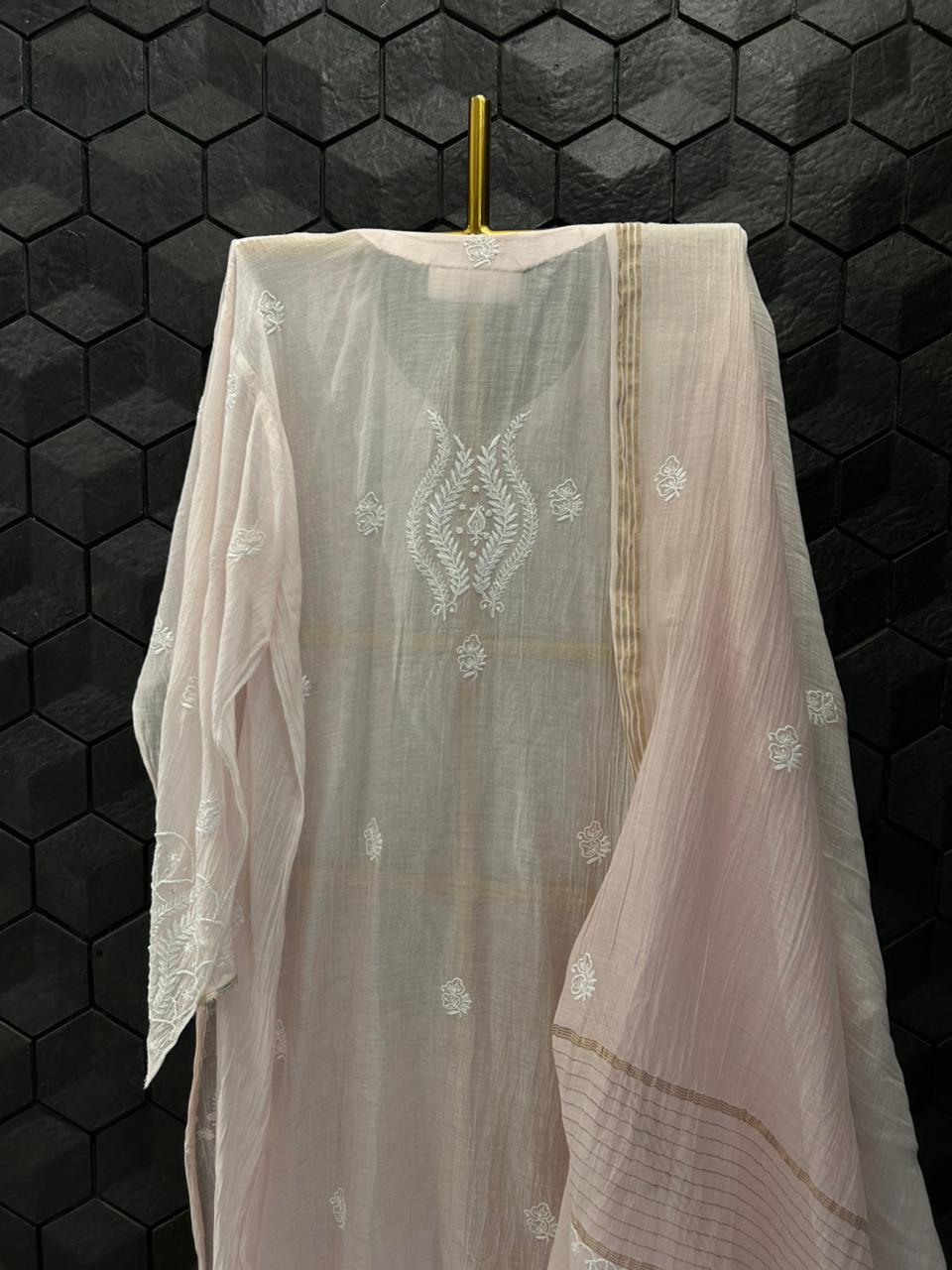 Pink Mul Chanderi Chikankari Kurta Set