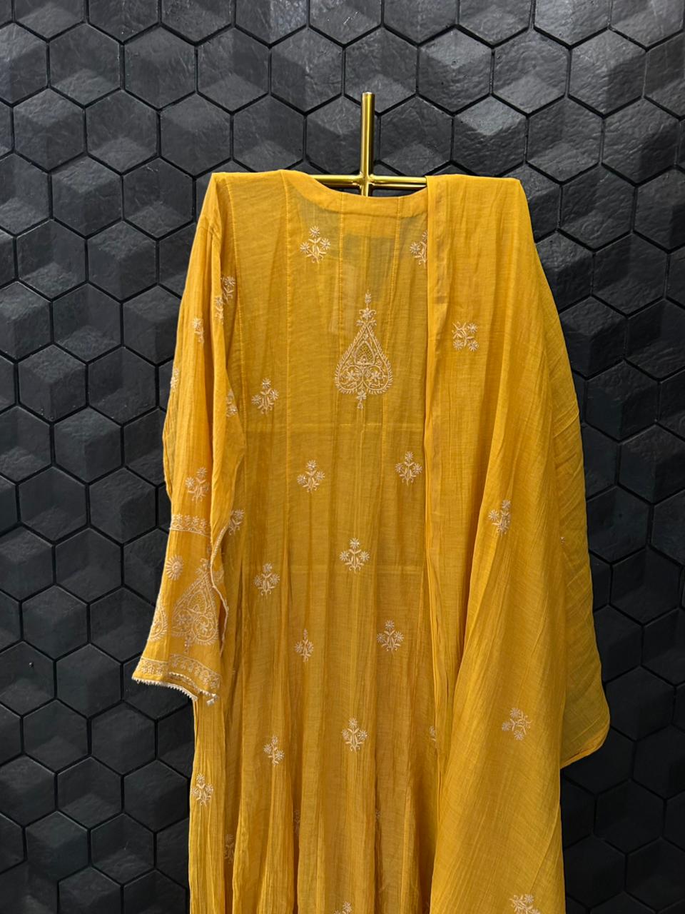 Mustard Golden Tissue Chikankari Anarkali Set