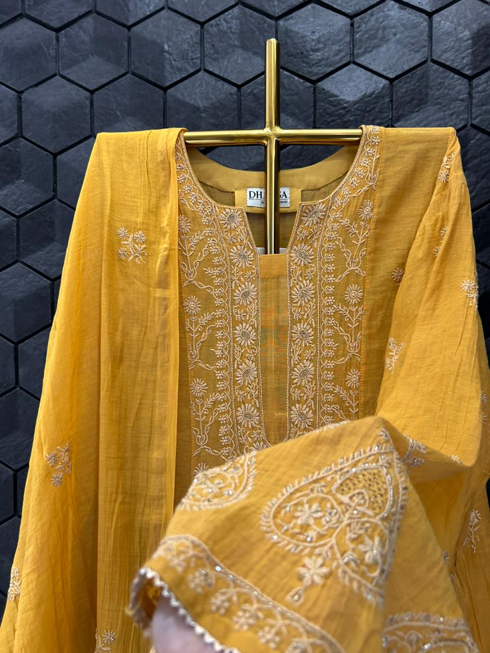 Mustard Golden Tissue Chikankari Anarkali Set