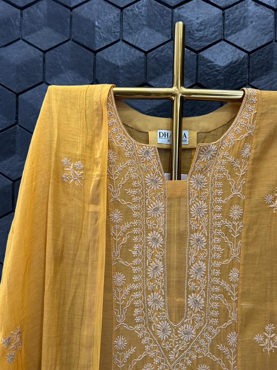 Mustard Golden Tissue Chikankari Anarkali Set