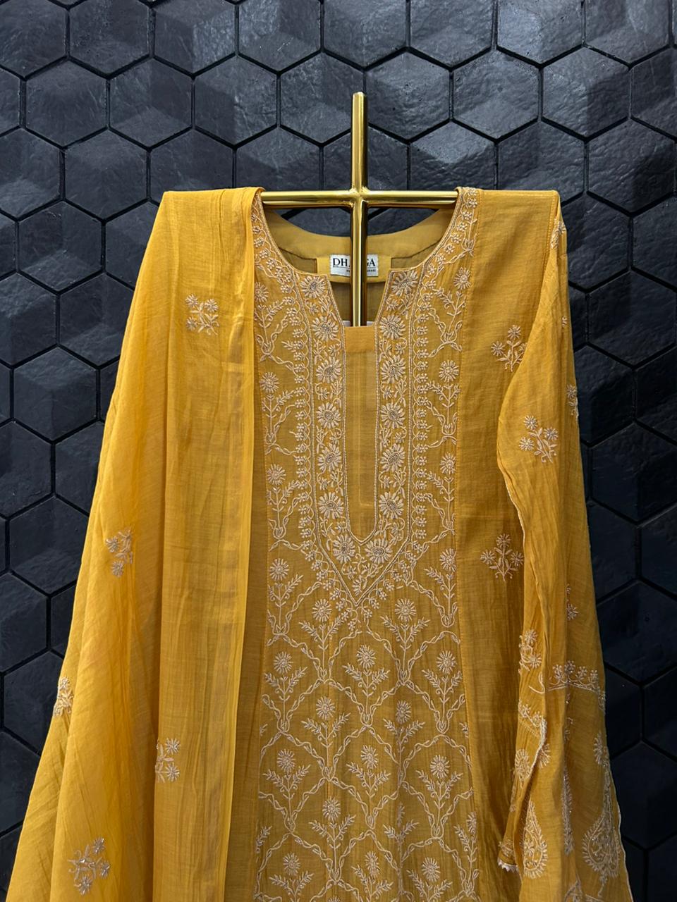 Mustard Golden Tissue Chikankari Anarkali Set