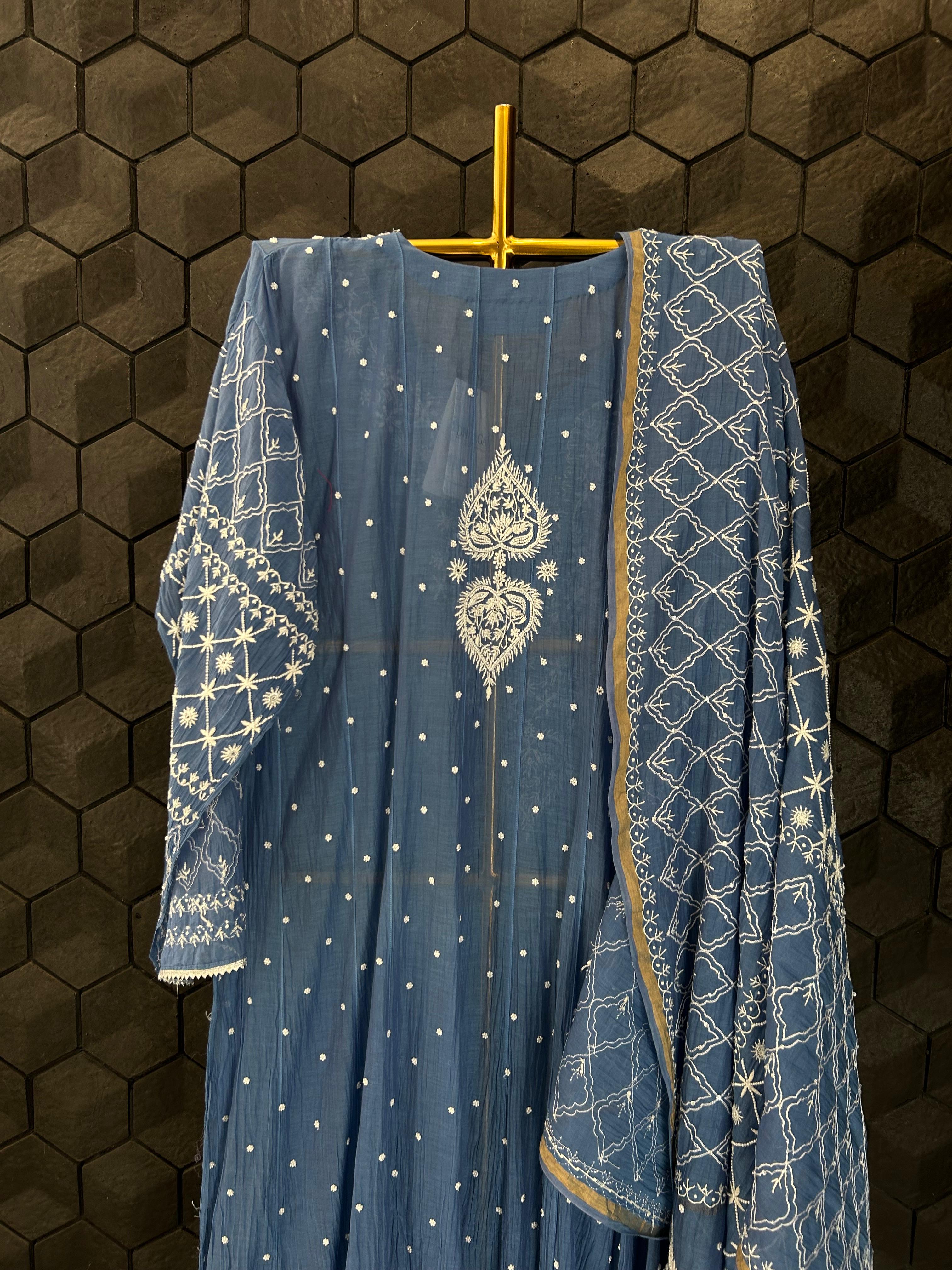 Blue Mul Chanderi Chikankari Anarkali Set