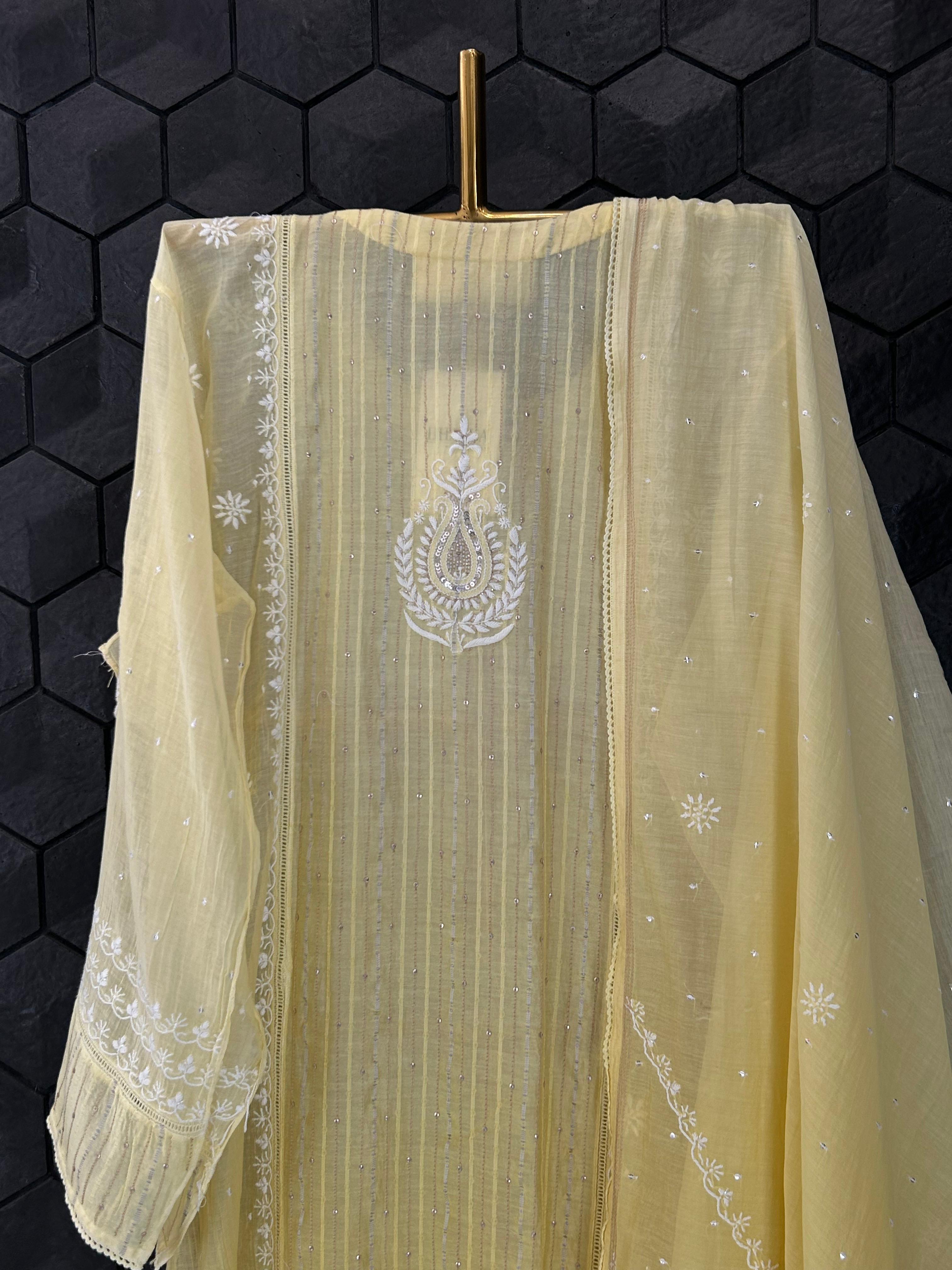 Yellow Mul Chanderi Chikankari Kurta Set