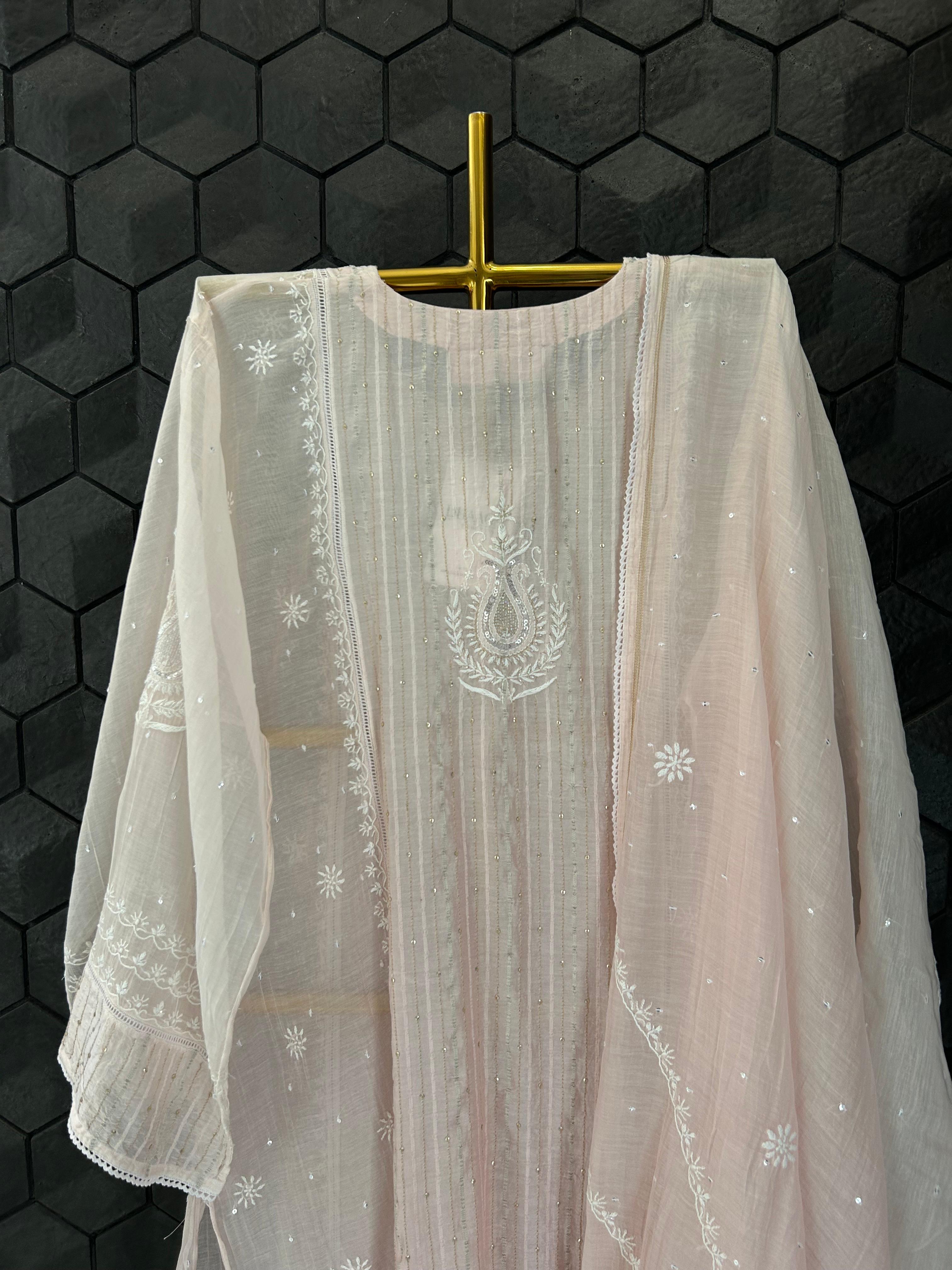 Pink Mul Chanderi Chikankari Kurta Set