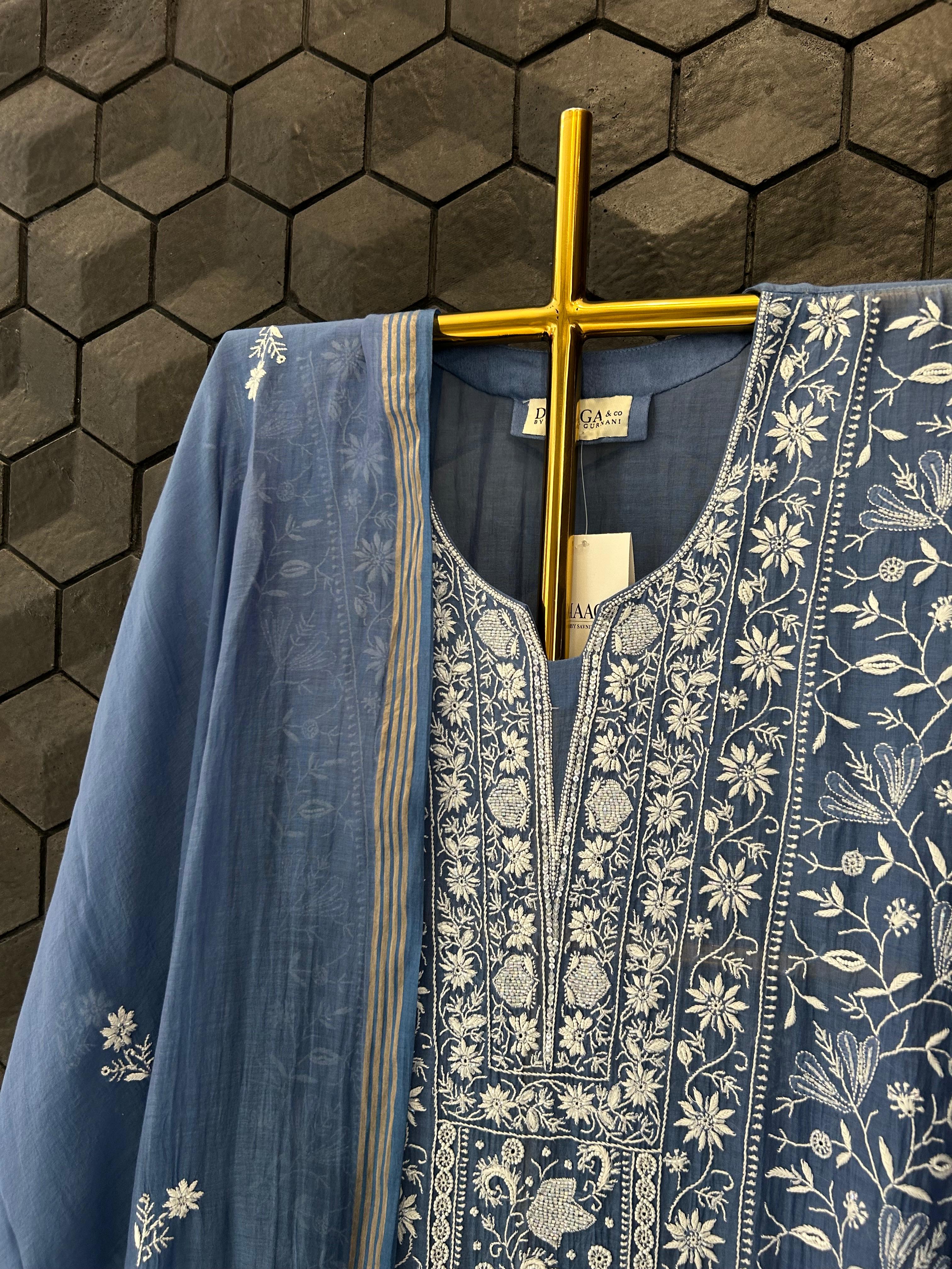 Blue Mul Chanderi Chikankari Kurta Set