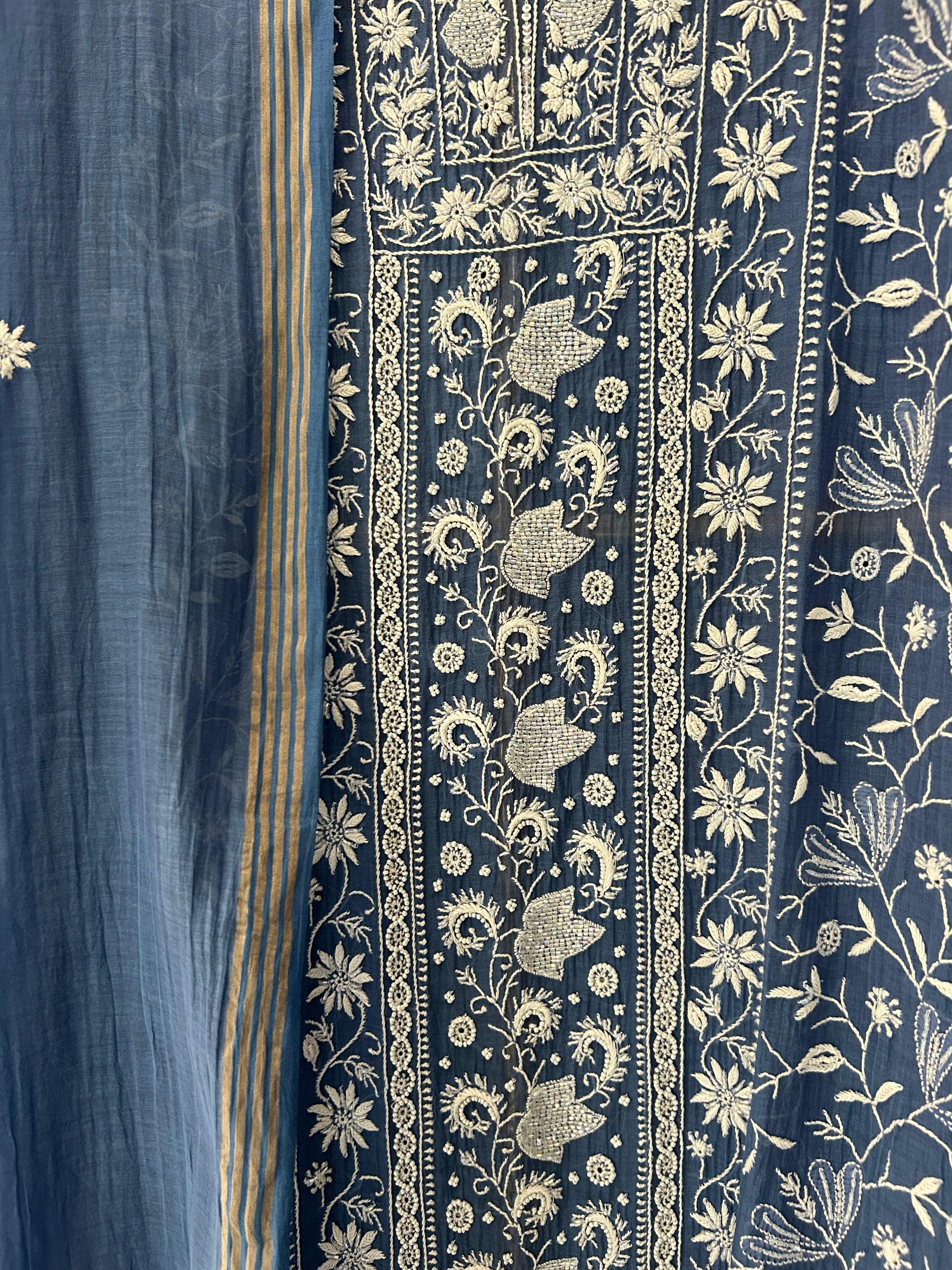 Blue Mul Chanderi Chikankari Kurta Set