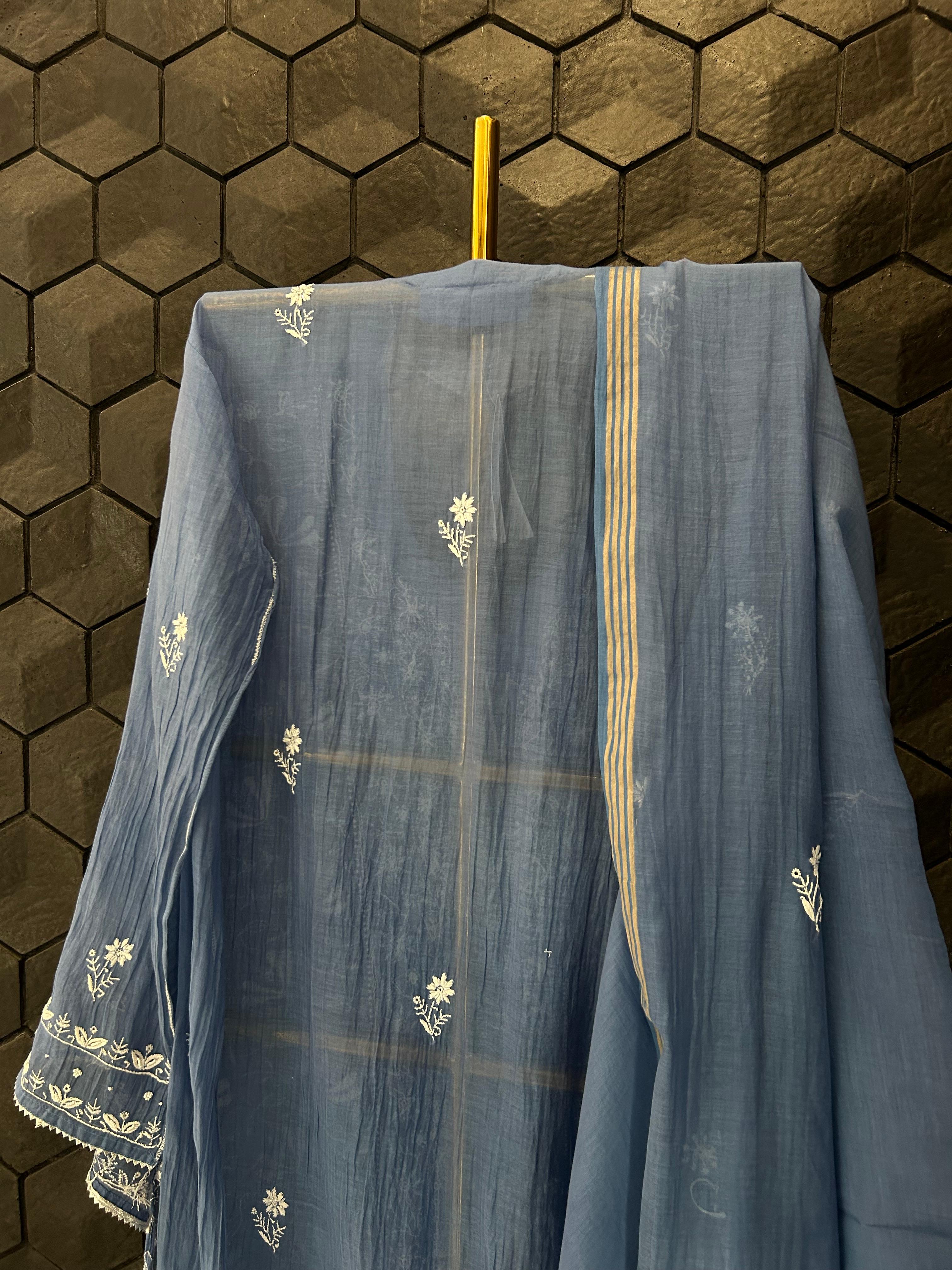 Blue Mul Chanderi Chikankari Kurta Set