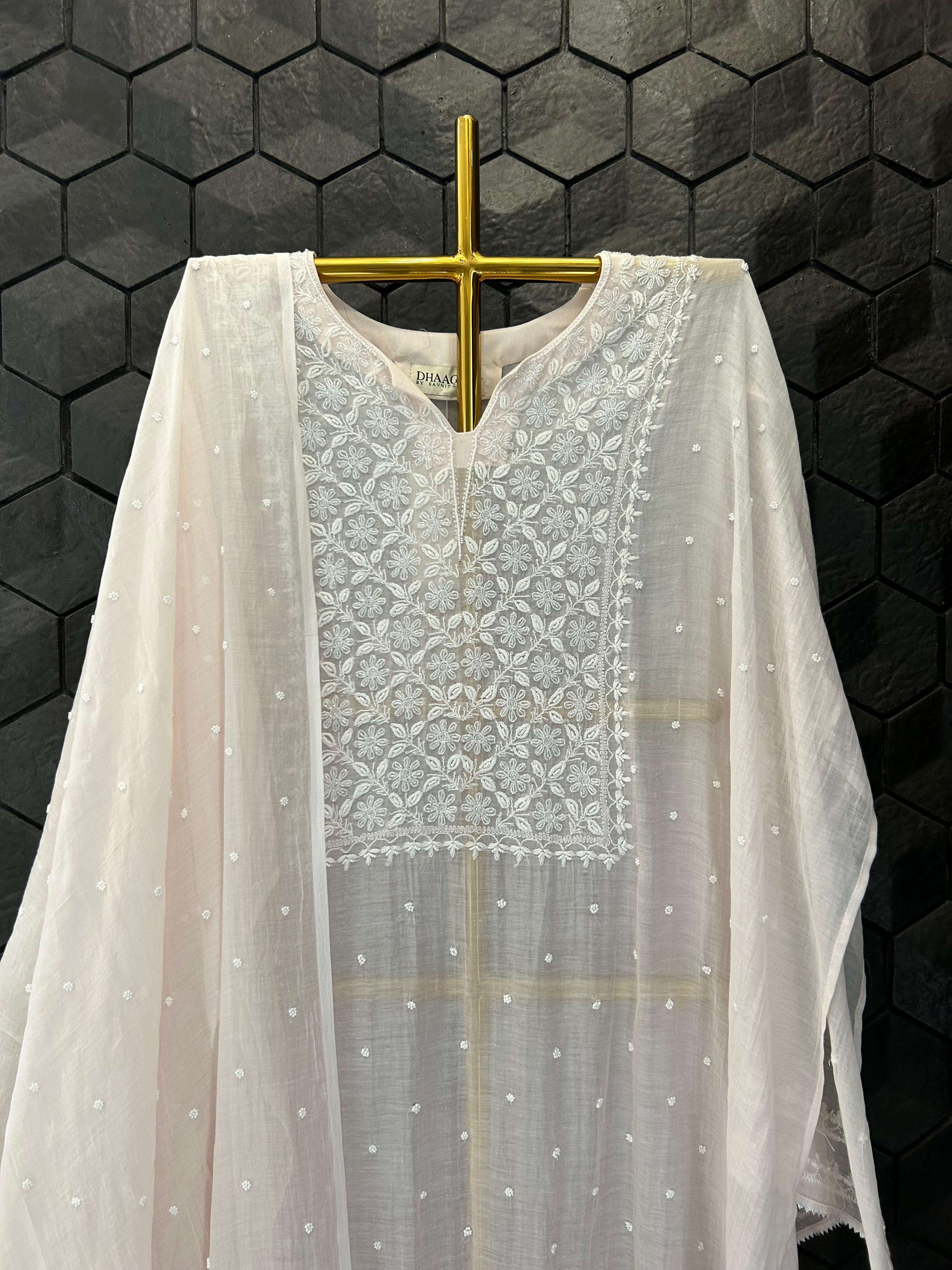 Pink Mul Chanderi Chikankari Kurta Set