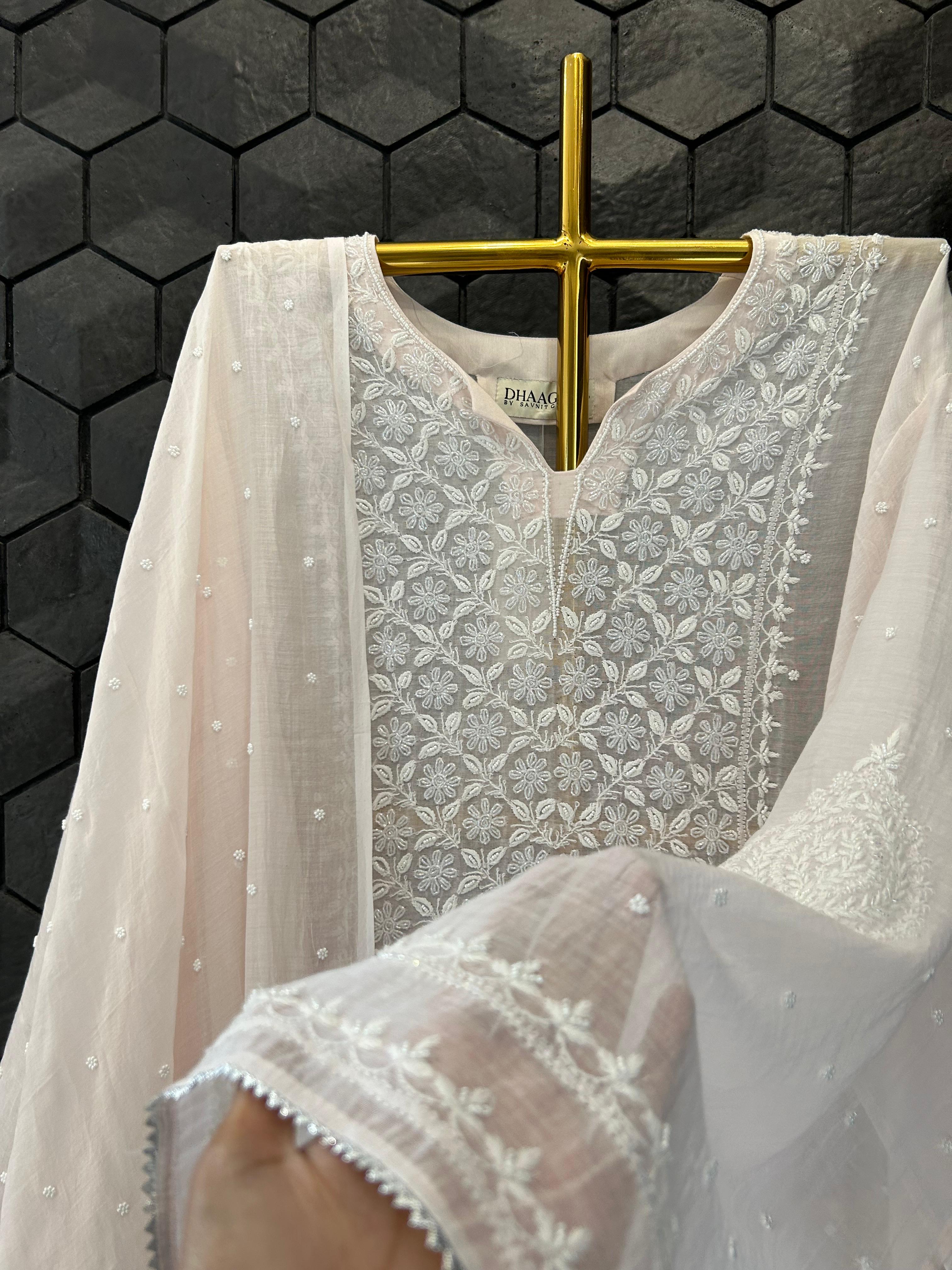 Pink Mul Chanderi Chikankari Kurta Set