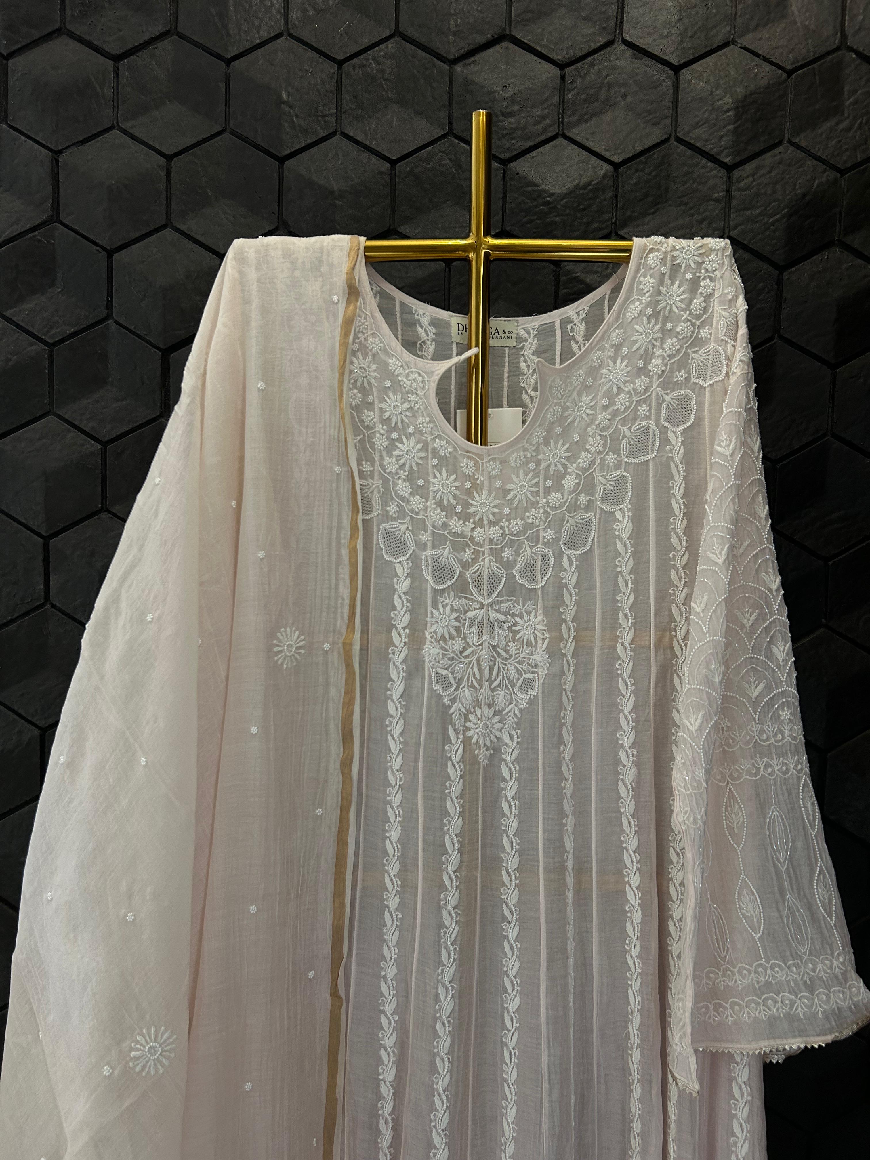 Pink Mul Chanderi Chikankari Anarkali Set