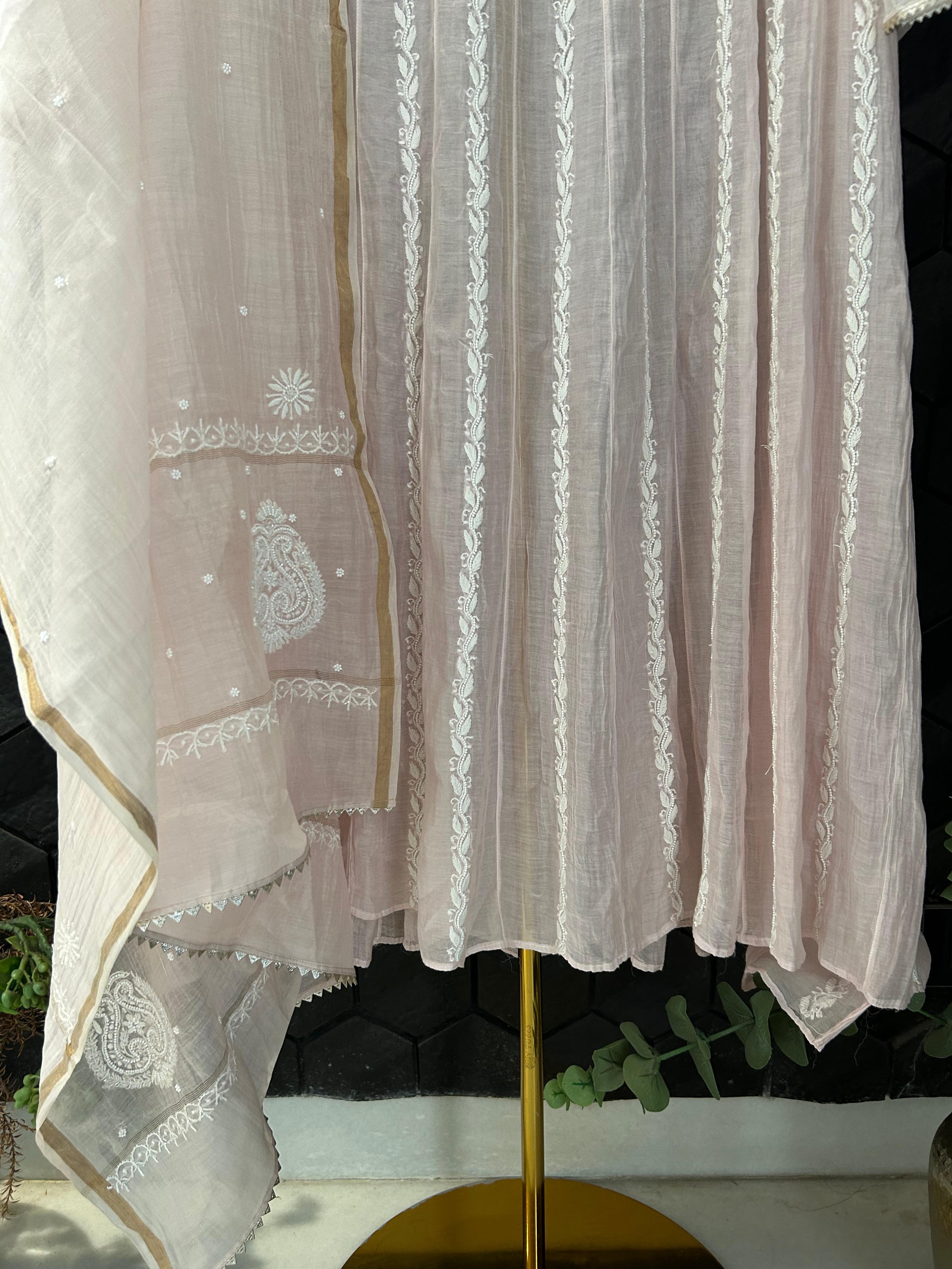 Pink Mul Chanderi Chikankari Anarkali Set