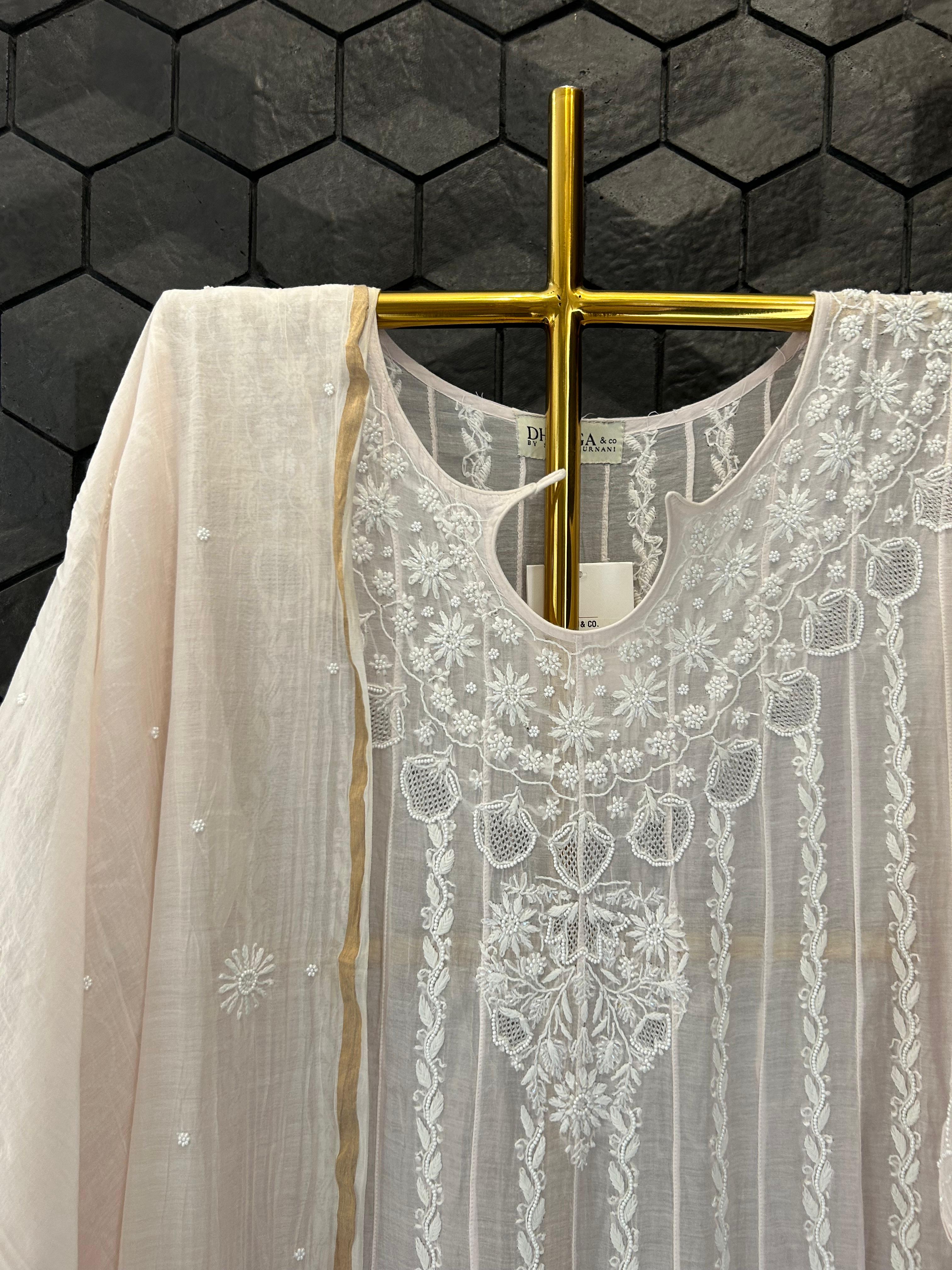 Pink Mul Chanderi Chikankari Anarkali Set