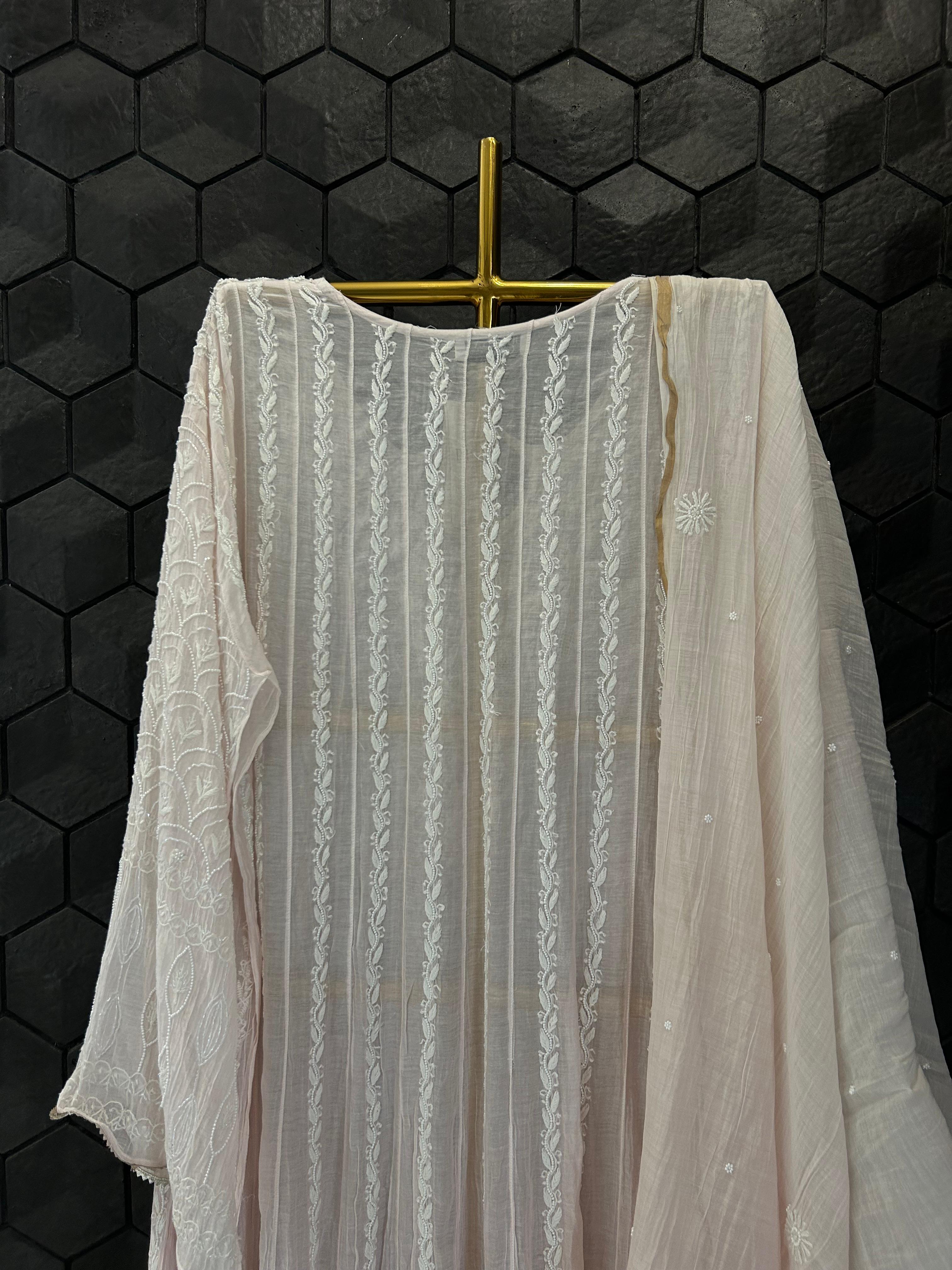 Pink Mul Chanderi Chikankari Anarkali Set