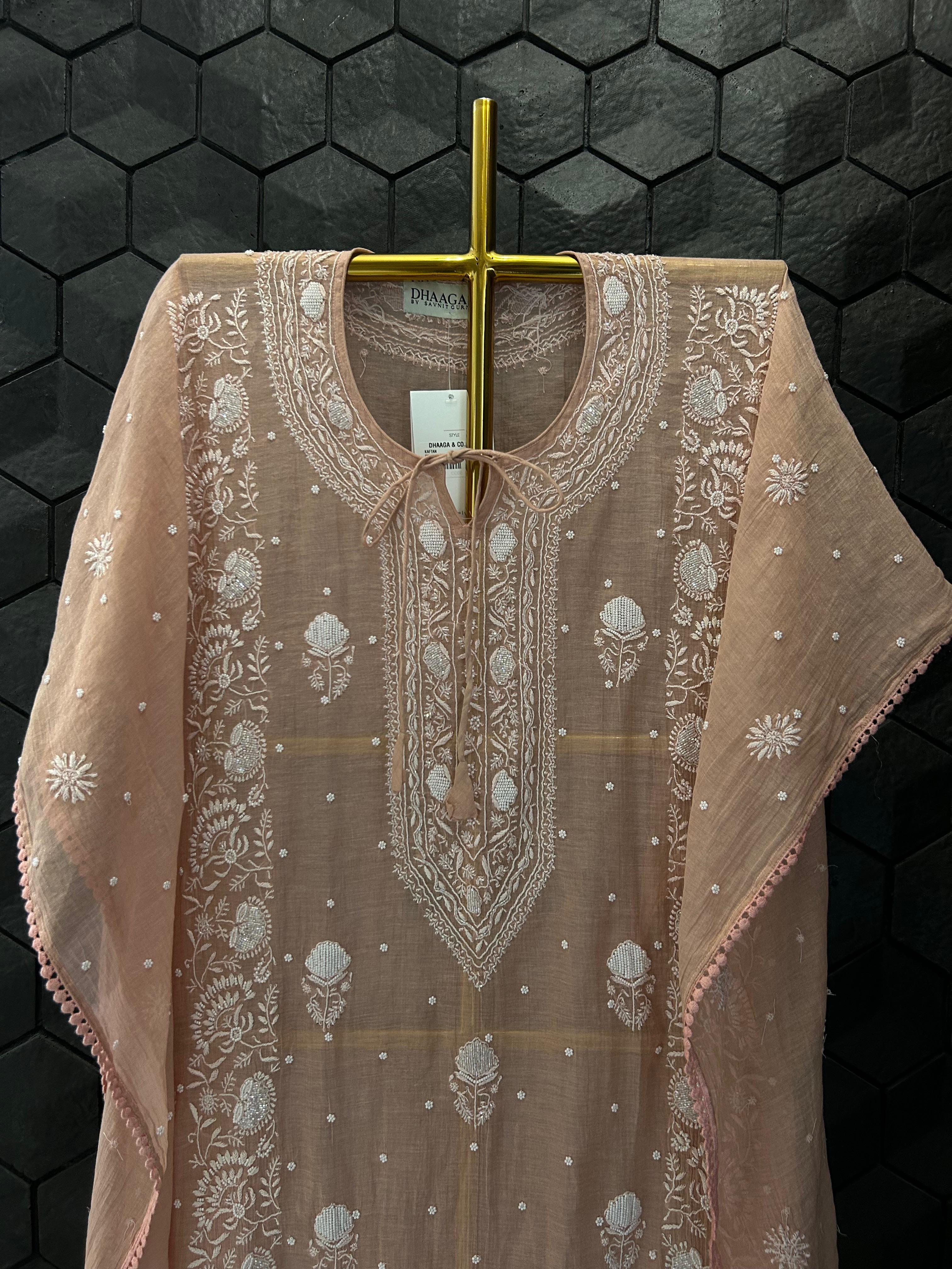 Peach Tissue Chikankari Kaftan