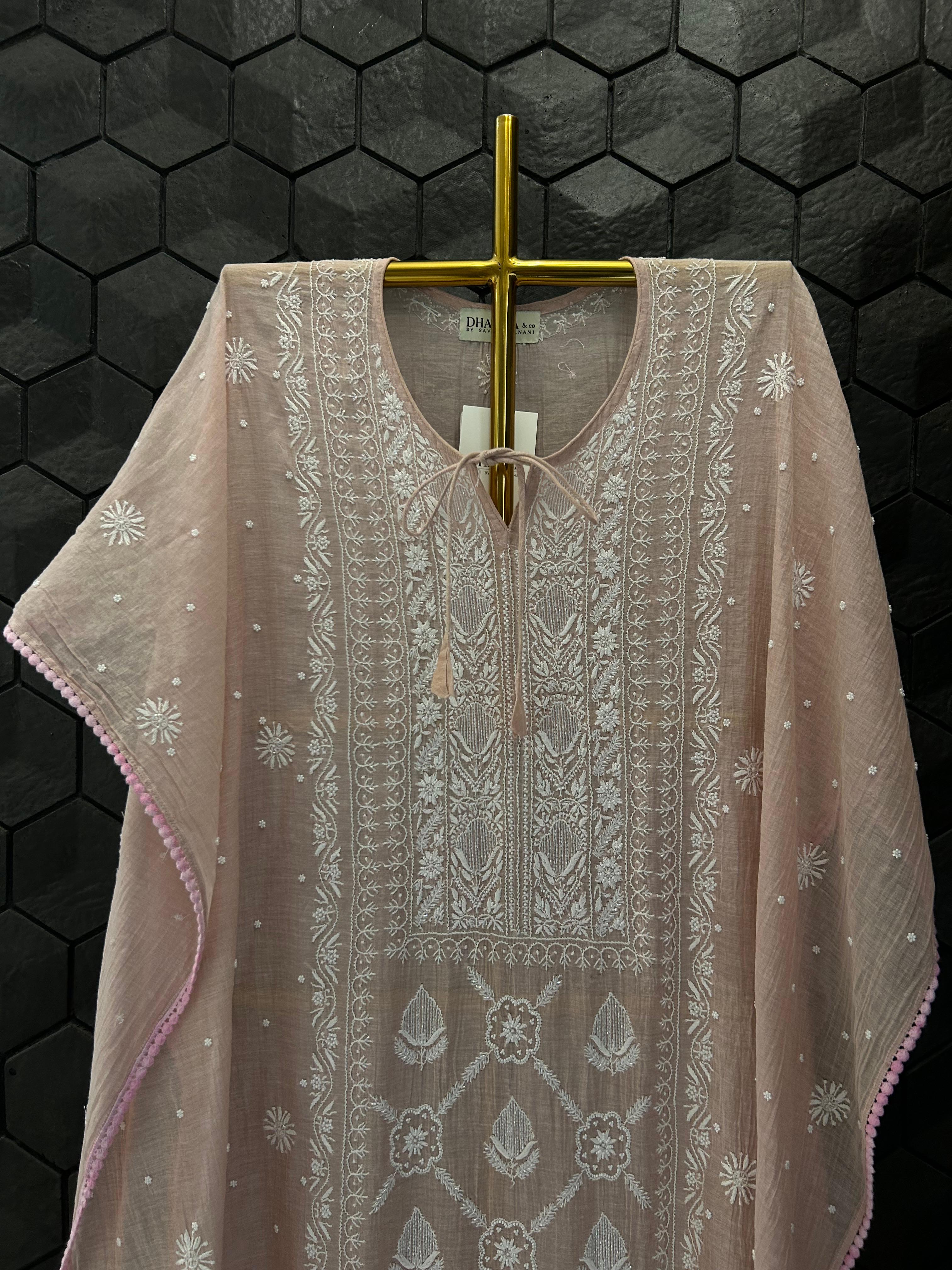 Pink Tissue Chikankari Kaftan