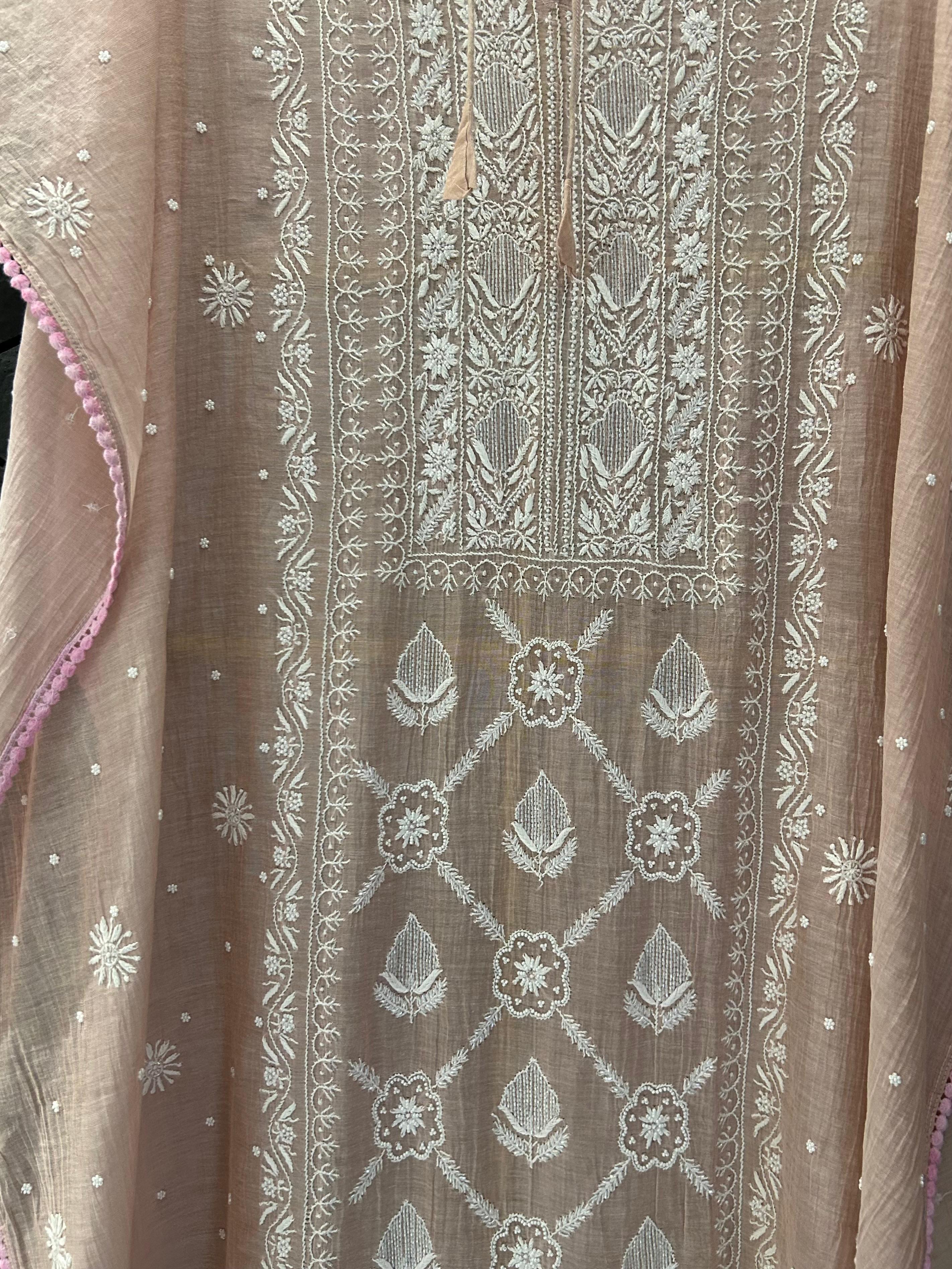 Pink Tissue Chikankari Kaftan