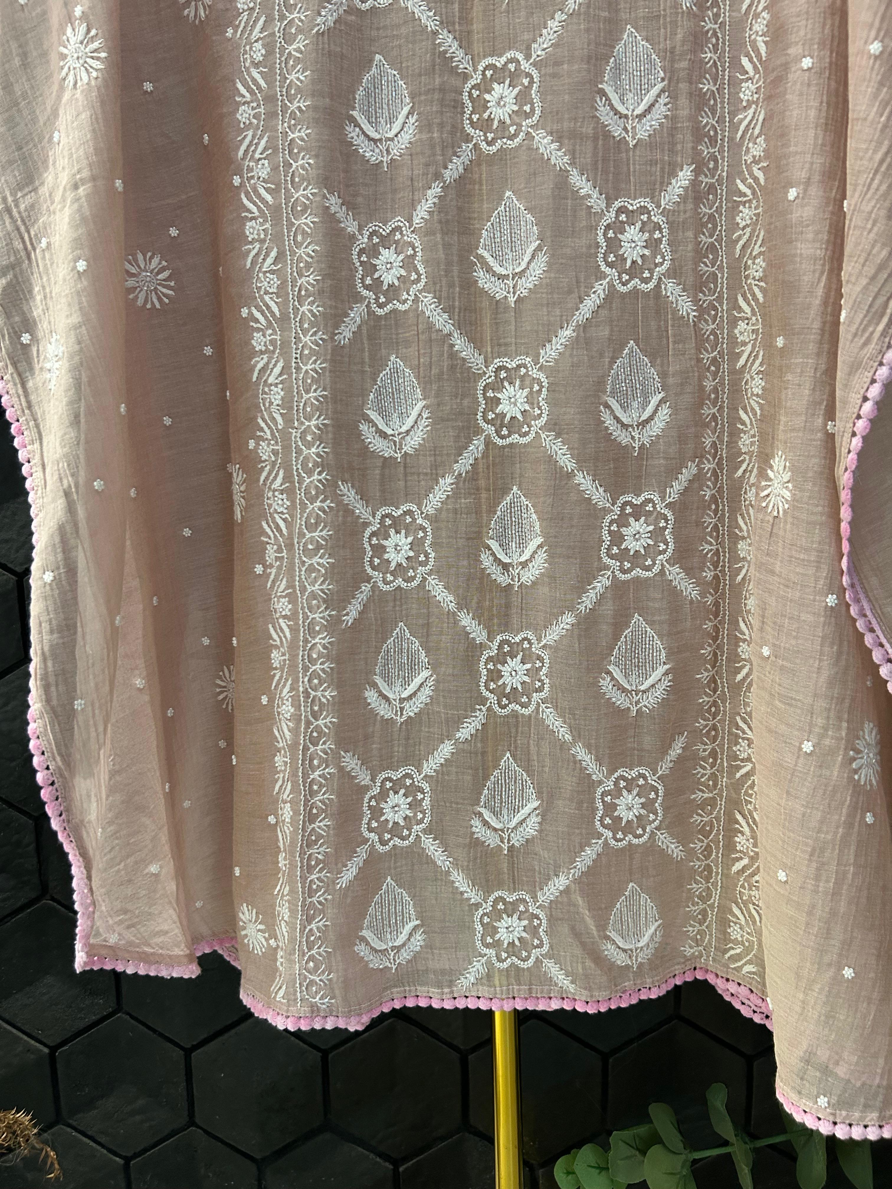 Pink Tissue Chikankari Kaftan