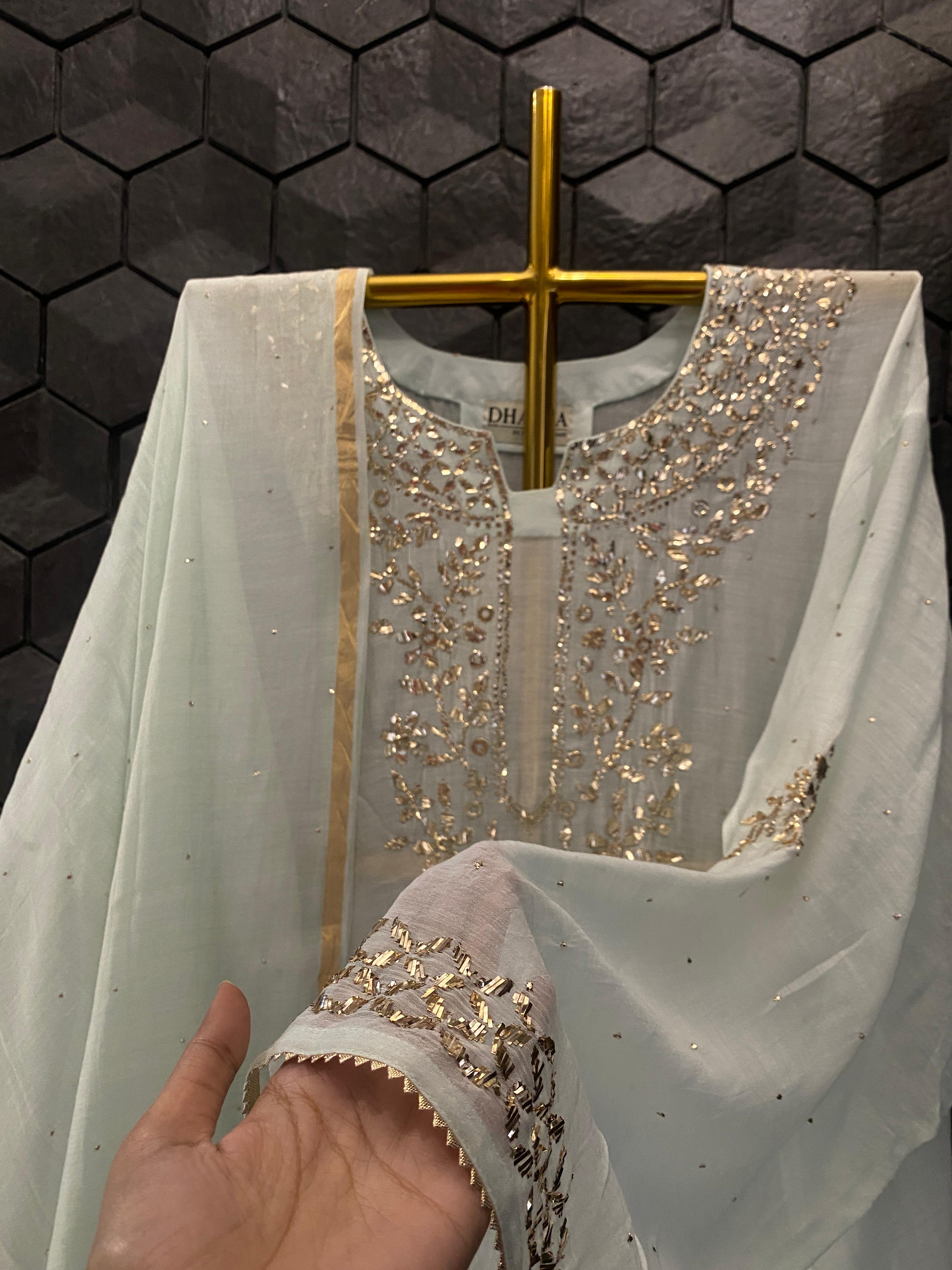 Green Mul Chanderi Mukaish Kurta Set