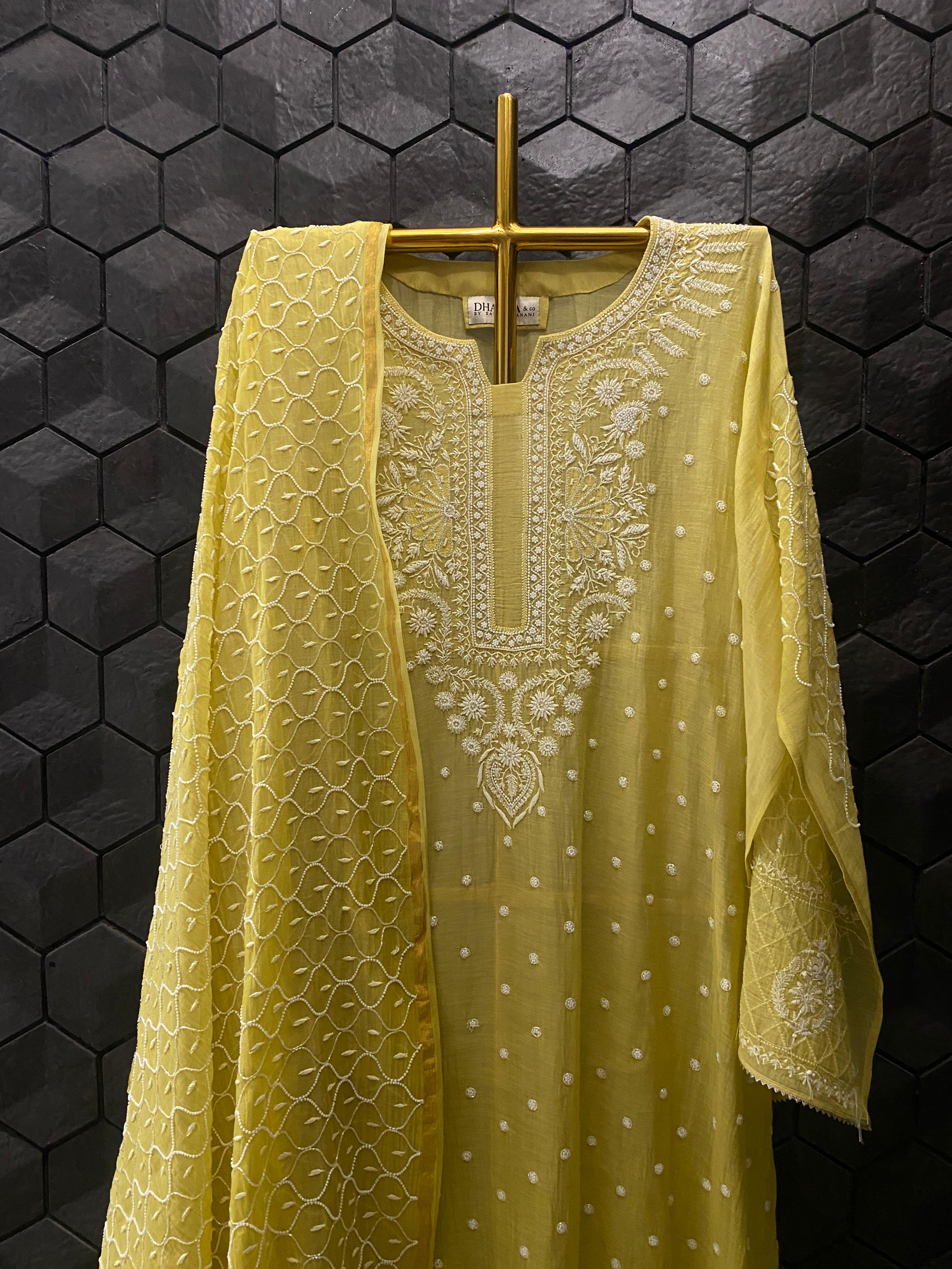 Green Mul Chanderi Chikankari Kurta Set