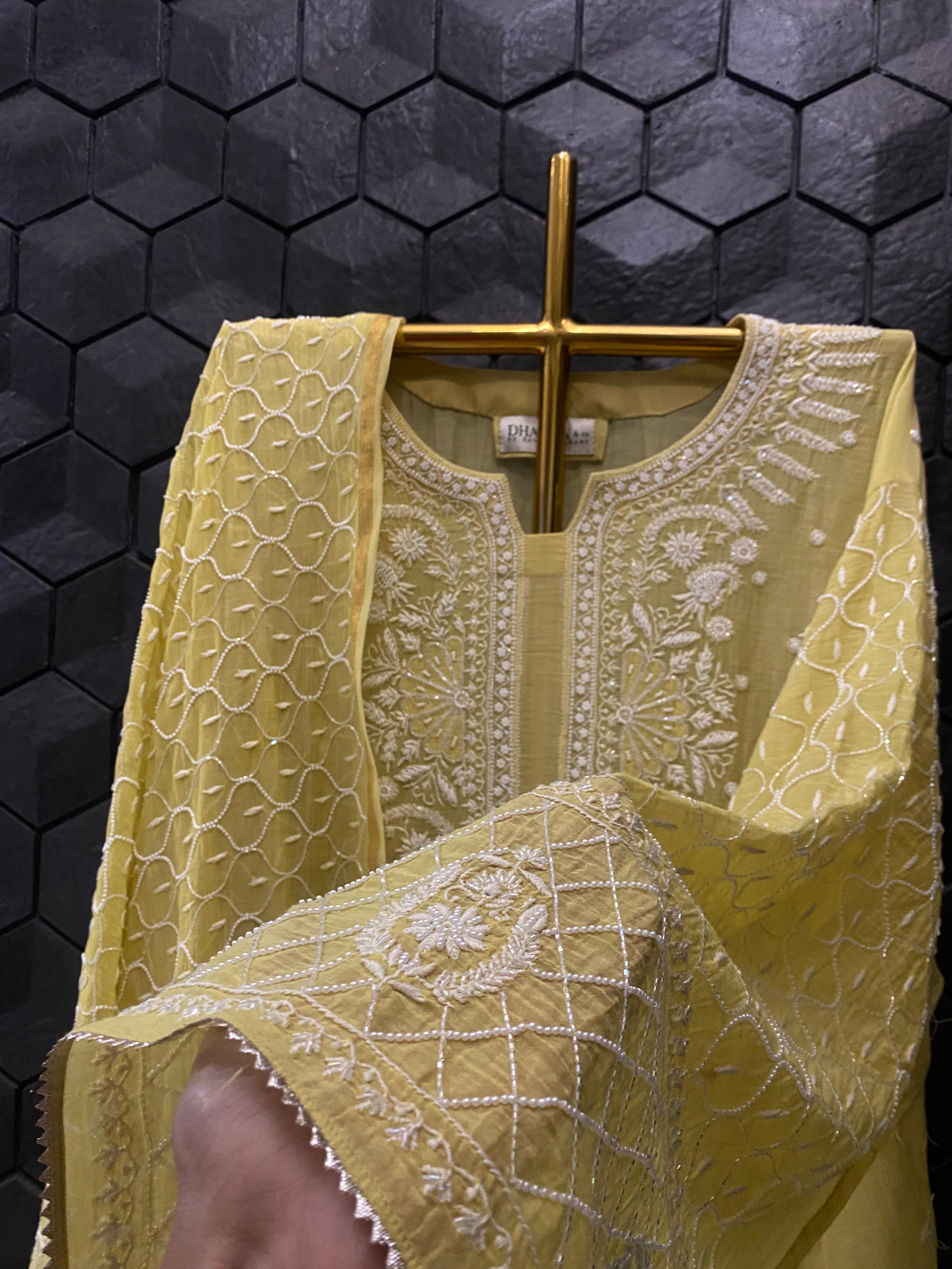 Green Mul Chanderi Chikankari Kurta Set