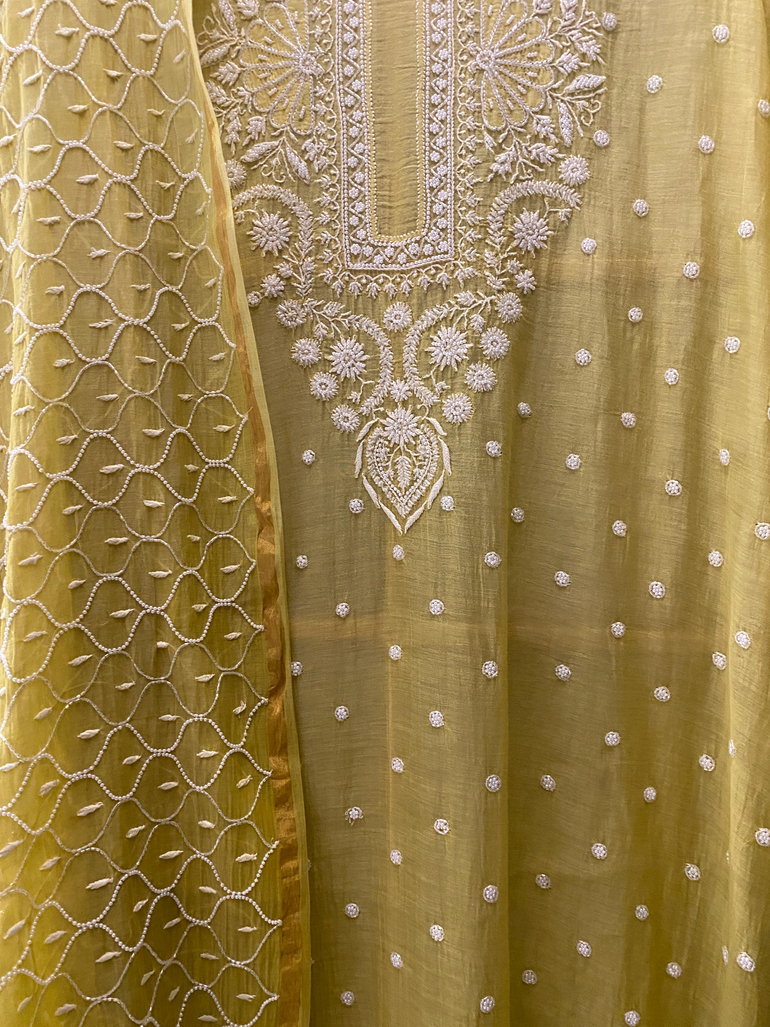 Green Mul Chanderi Chikankari Kurta Set