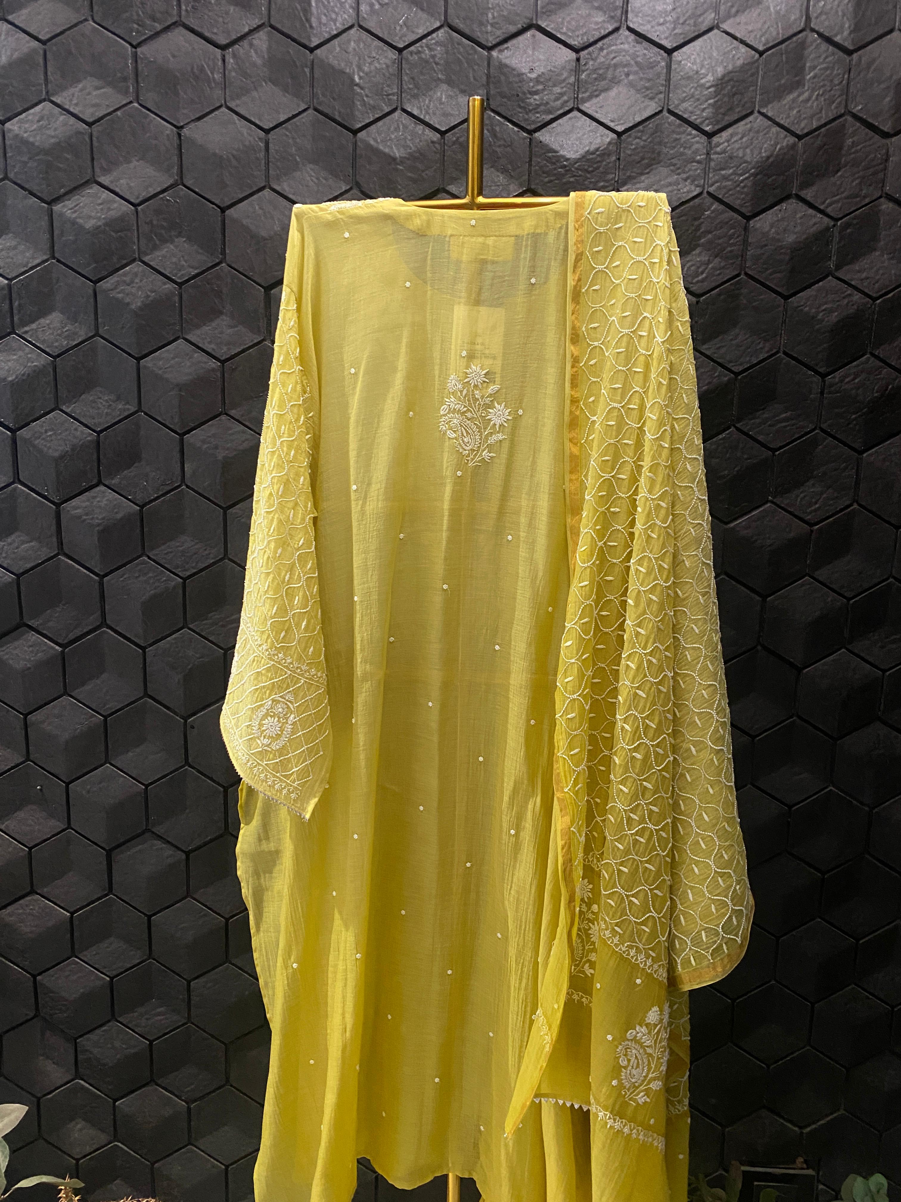 Green Mul Chanderi Chikankari Kurta Set