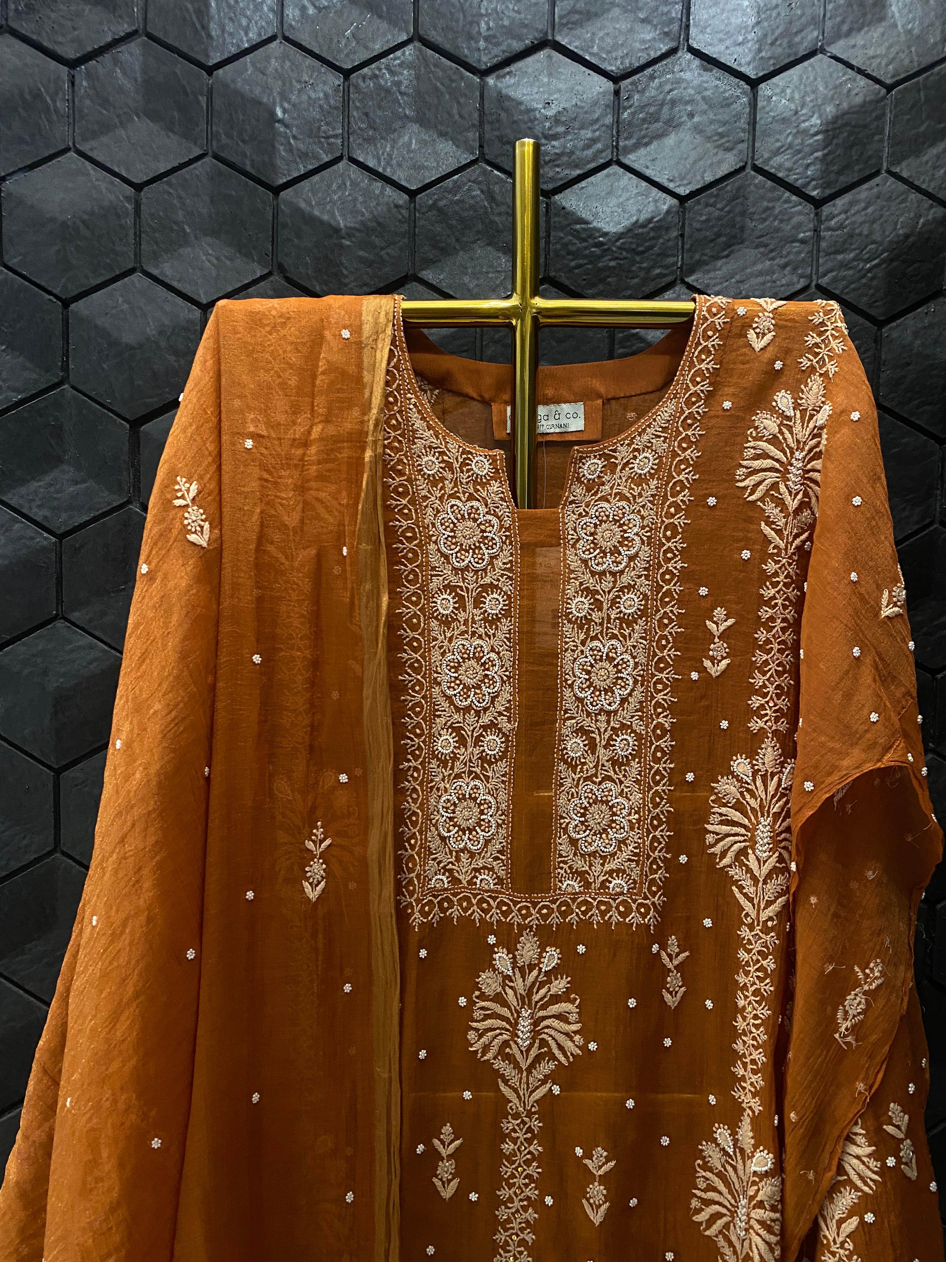 Orange Golden Tissue Chikankari Kurta Set